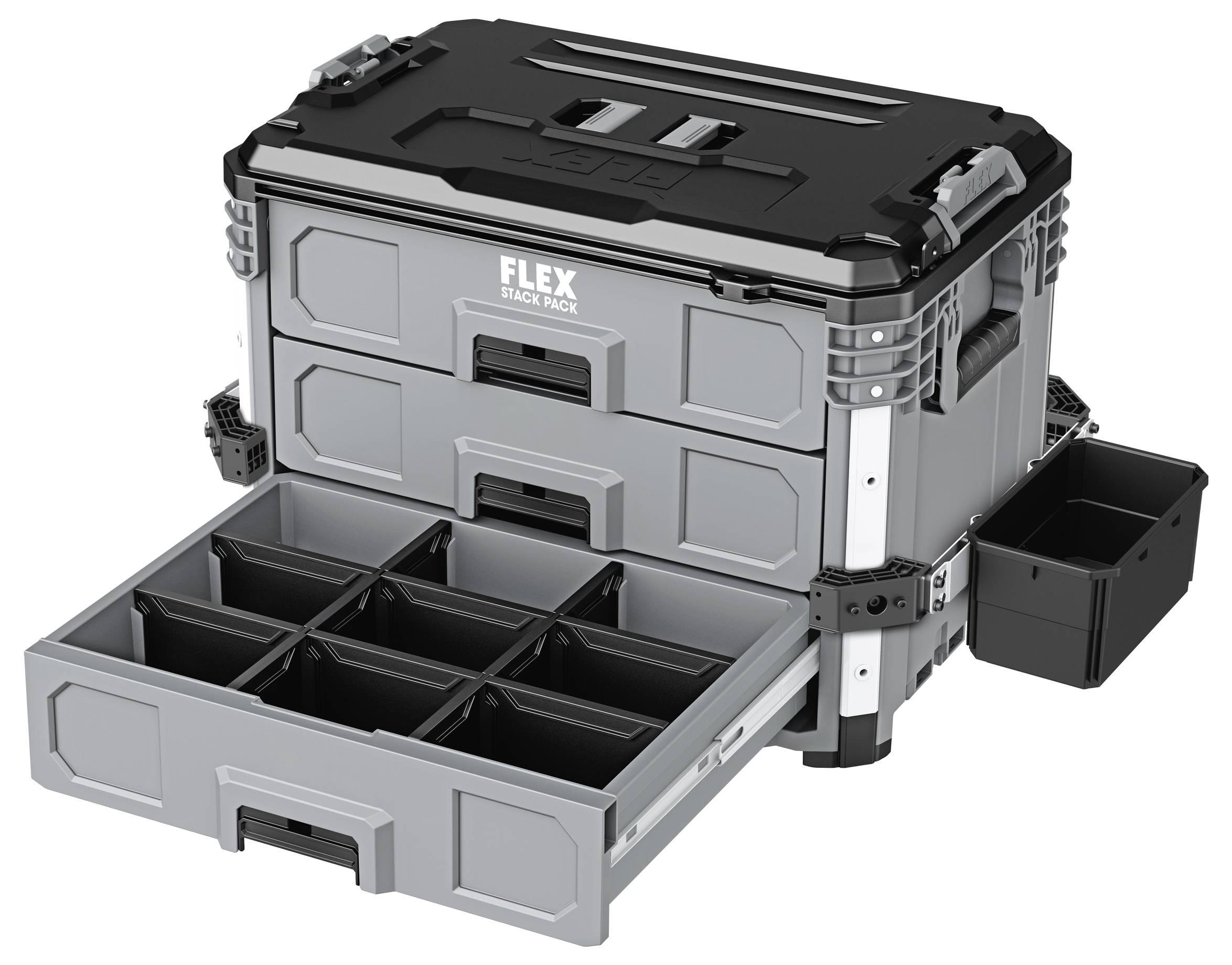 Modulare FLEX Stack Pack Werkzeuglagerungsbox mit offener Frontschublade und abnehmbaren Seitenkörben, dargestellt in Grau und Schwarz.