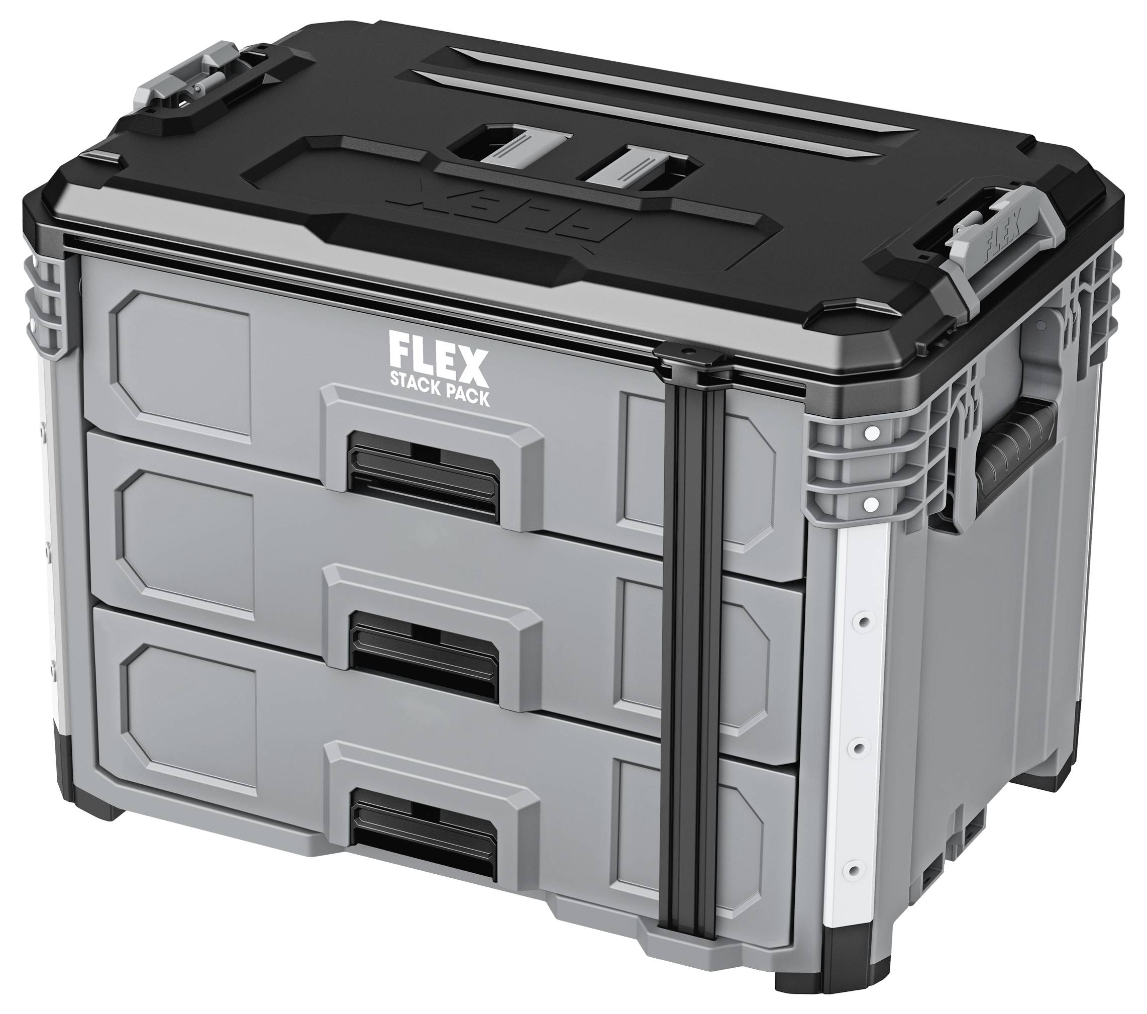 Grauer FLEX Stack Pack Werkzeugaufbewahrungskasten mit drei Schubladen, schwarzem Deckel und Seitenverschlüssen, auf weißem Hintergrund dargestellt.