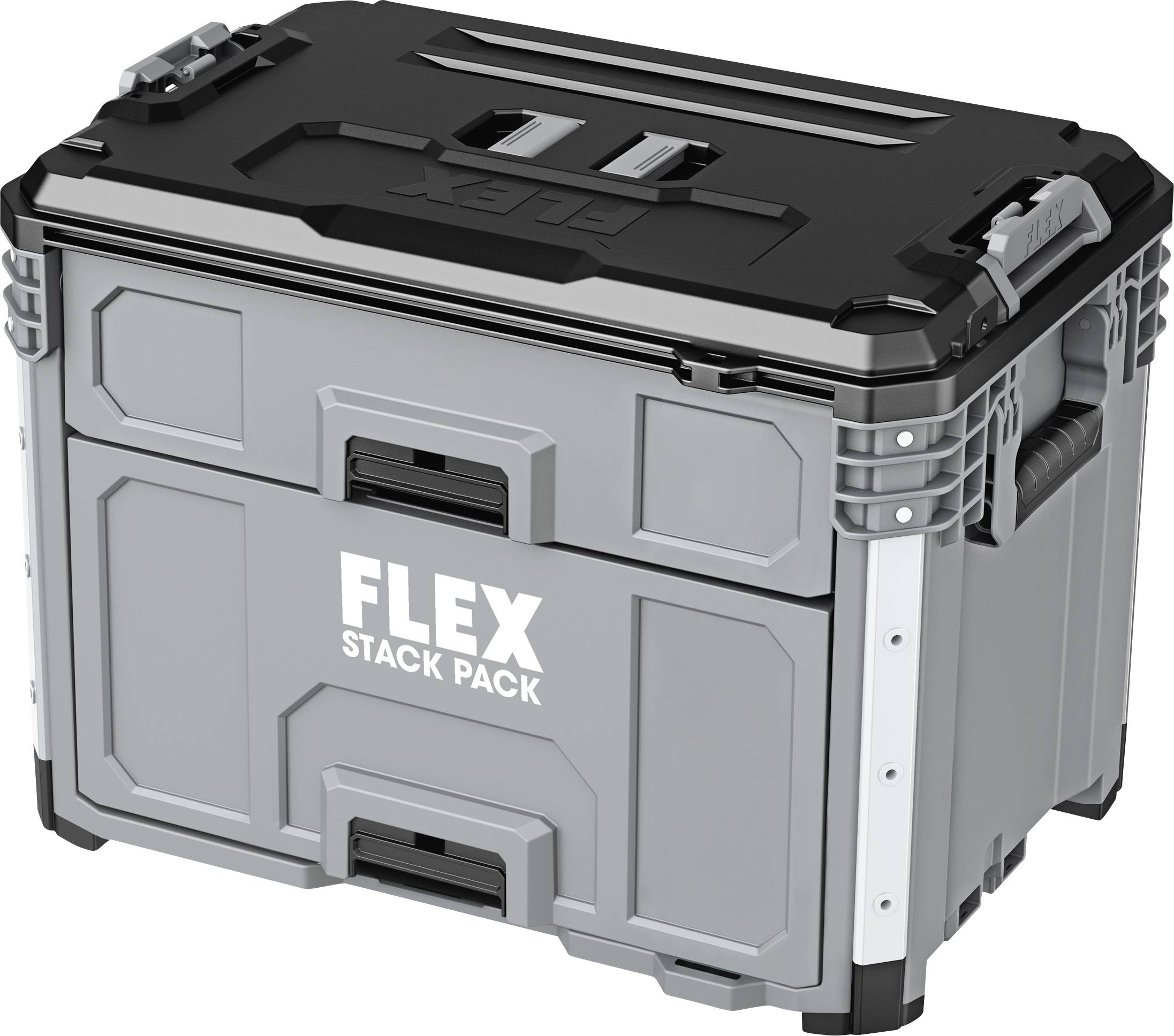 Graue und schwarze FLEX Stack Pack Werkzeuglagerbox mit Schnappverschluss-Deckel und Griff, abgebildet auf weißem Hintergrund.