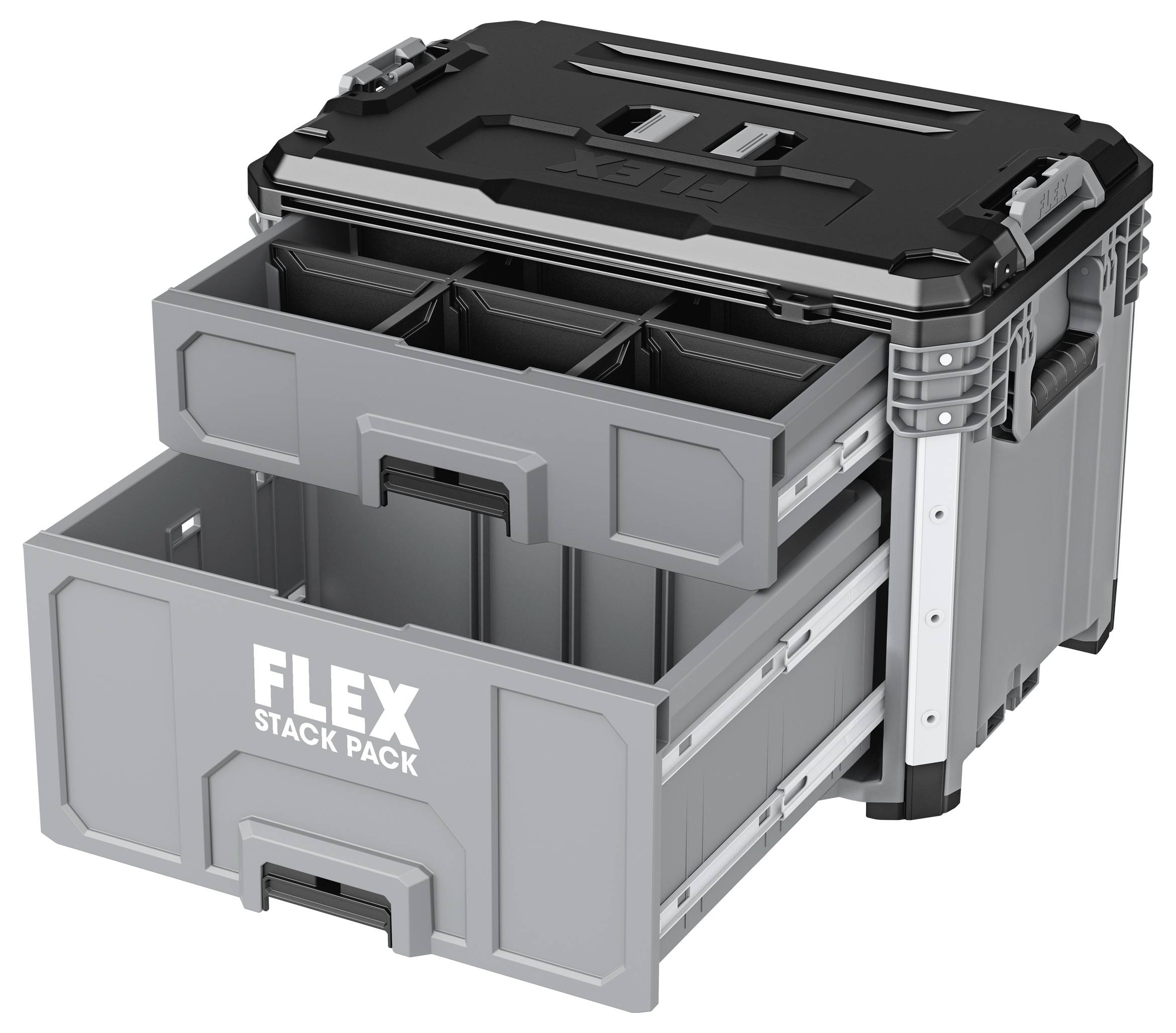 Graue FLEX STACK PACK modulare Aufbewahrungsbox mit einer offenen Schublade, die interne Trennwände zeigt, und einem schwarzen Deckel oben.
