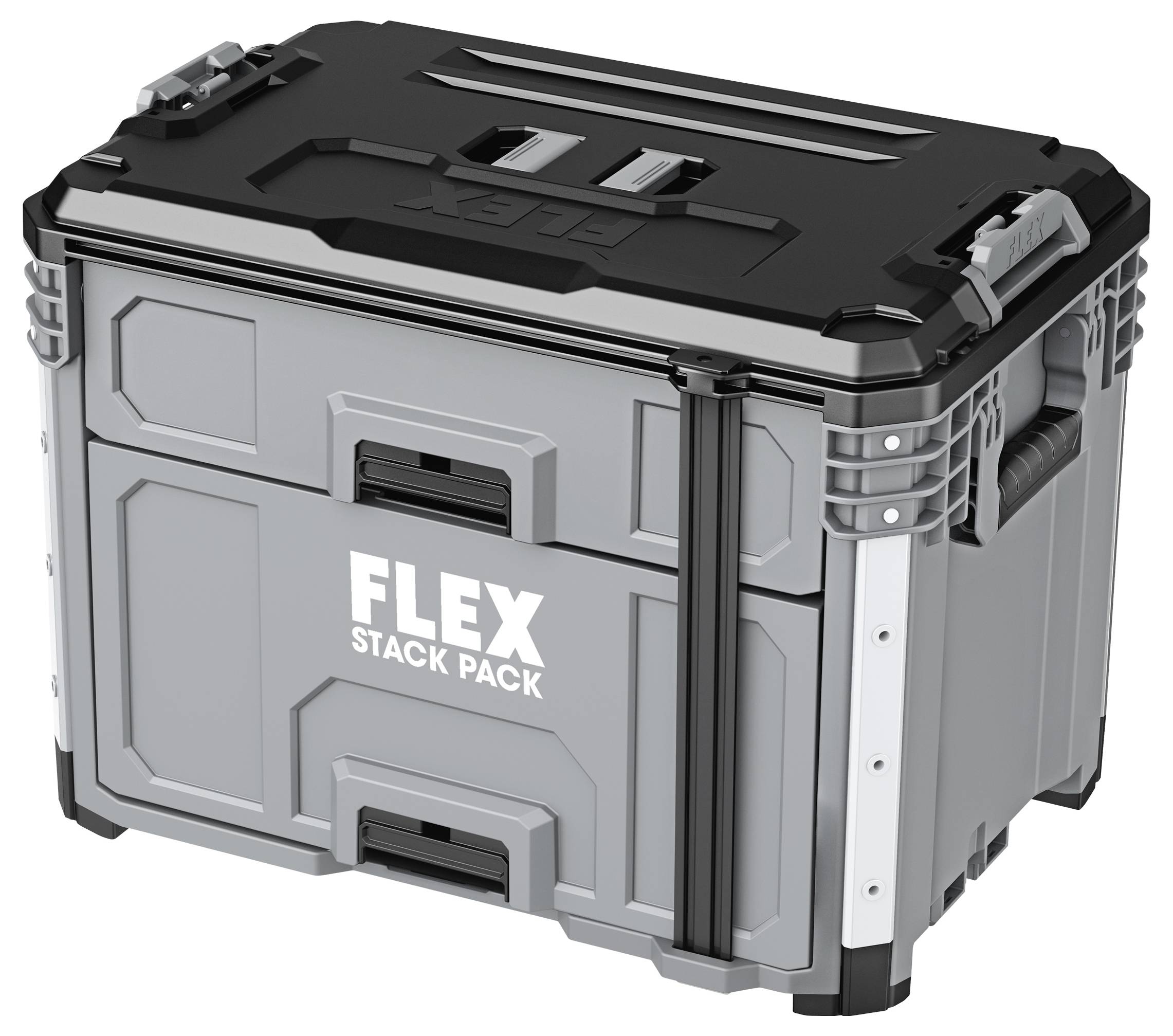 Grauer FLEX Stack Pack modularer Werkzeugspeicherkasten mit schwarzem Deckel und Griffen, dargestellt in einer produktstyleansicht.