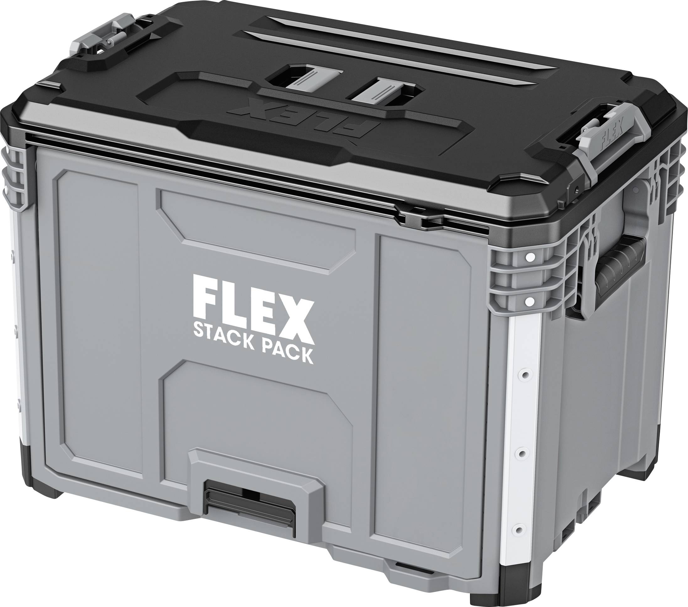 Gray and black FLEX STACK PACK tool storage box with front handle and latching lid, shown on a white background.