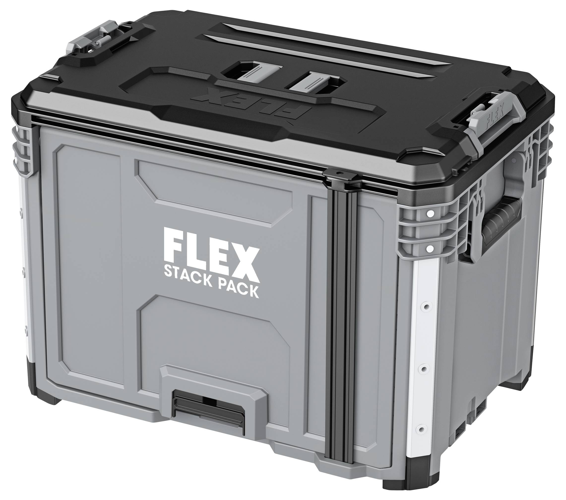 Grauer FLEX STACK PACK modularer Werkzeugspeicherkasten mit schwarzem Deckel, dargestellt in einer Produktansicht.