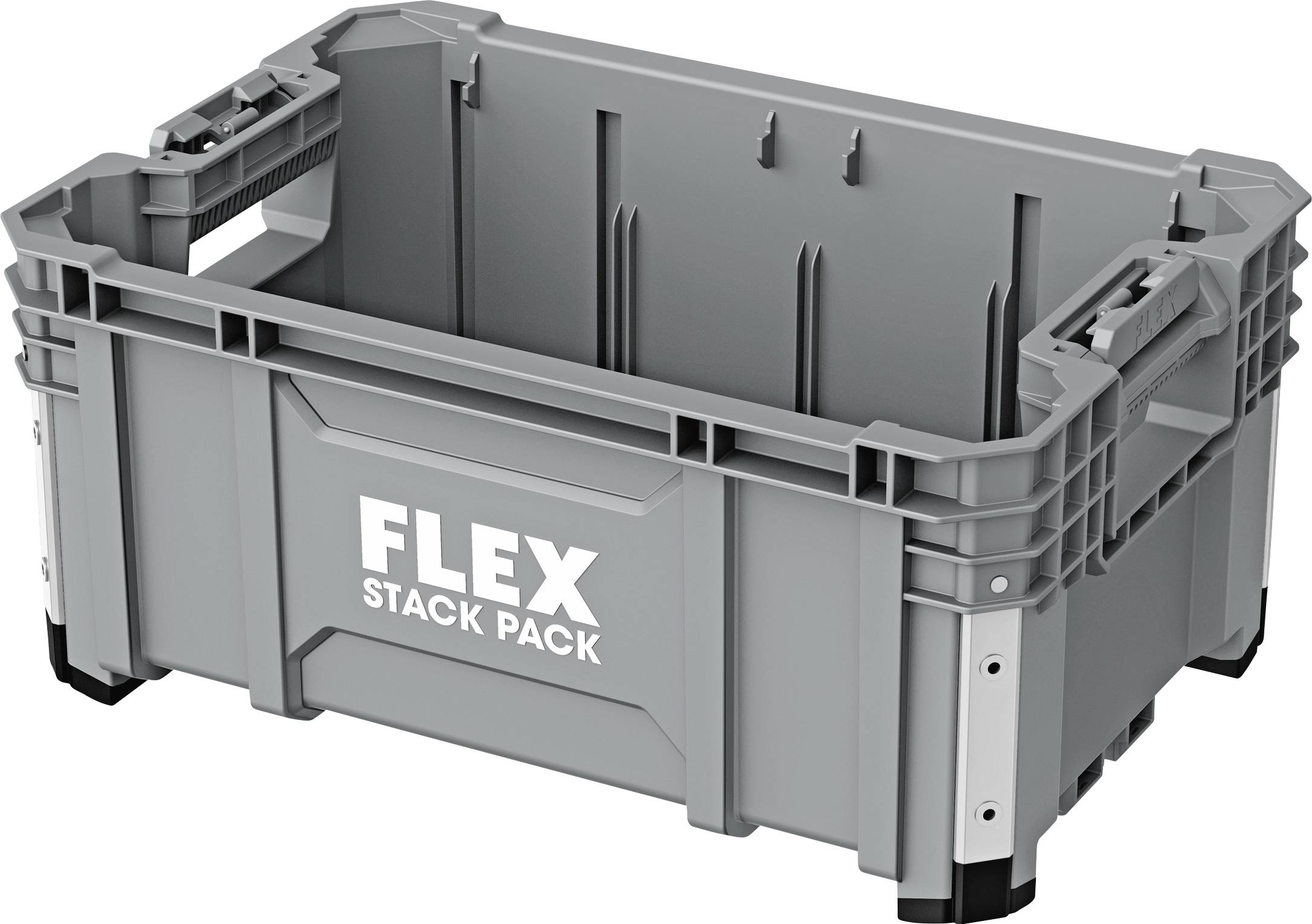 Graue kunststoff-stapelbox mit der aufschrift 'FLEX STACK PACK', offener oberseite und verstärkten ecken