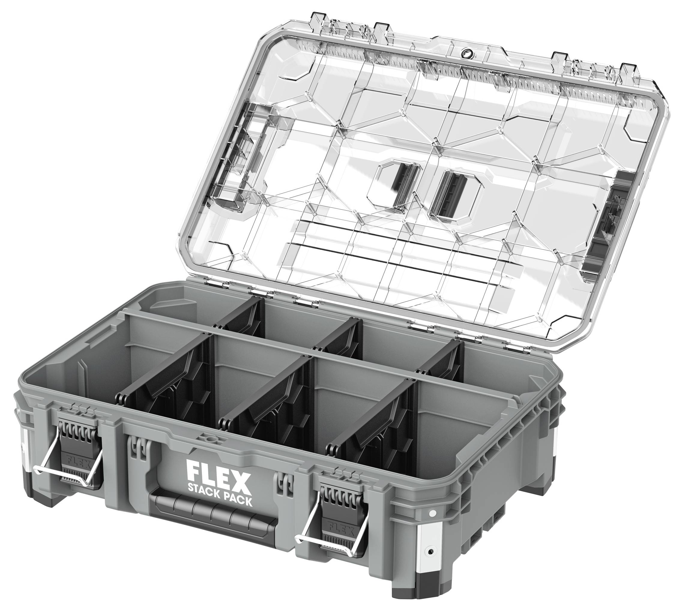 Offene graue Kunststoff-Werkzeugbox mit transparentem Deckel, unterteilt in mehrere Fächer, mit der Bezeichnung „FLEX STACK PACK