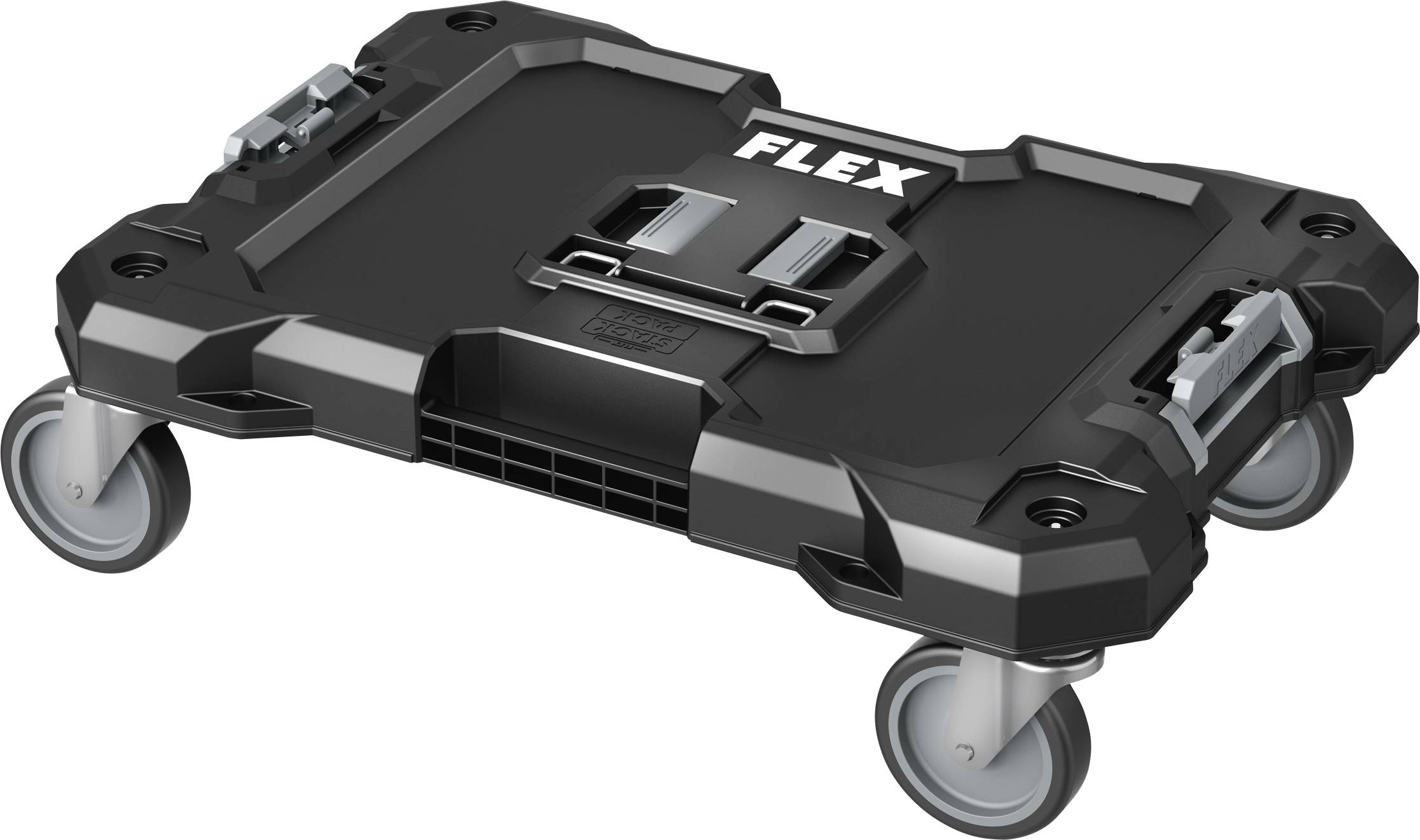 Black FLEX rolling tool base with four caster wheels and metal mounting slots, shown on a white background.