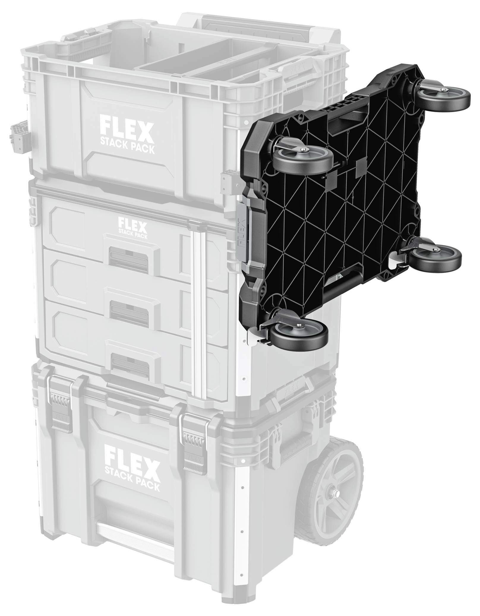 Schwarzes vierseitiges Seitenpanel, das an einen FLEX Stack Pack Lagerwagen angebracht ist, wobei die modulare Zubehörverbindung des Wagens gezeigt wird.
