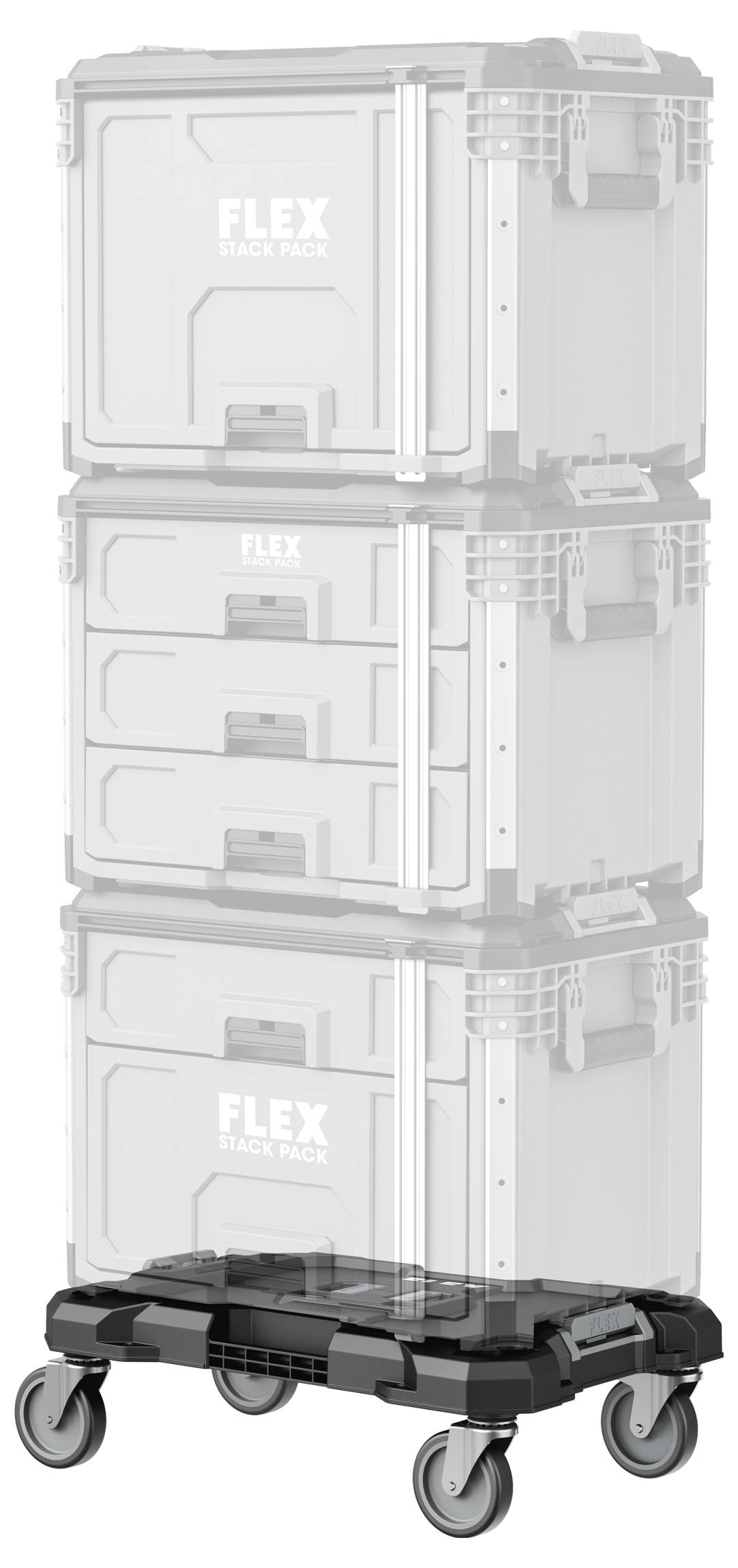 Gestapelte FLEX PACK FNC-Lagerbehälter auf einem fahrbaren Wagen, zeigt ein modulares Behältersystem für Transport und Lagerung.