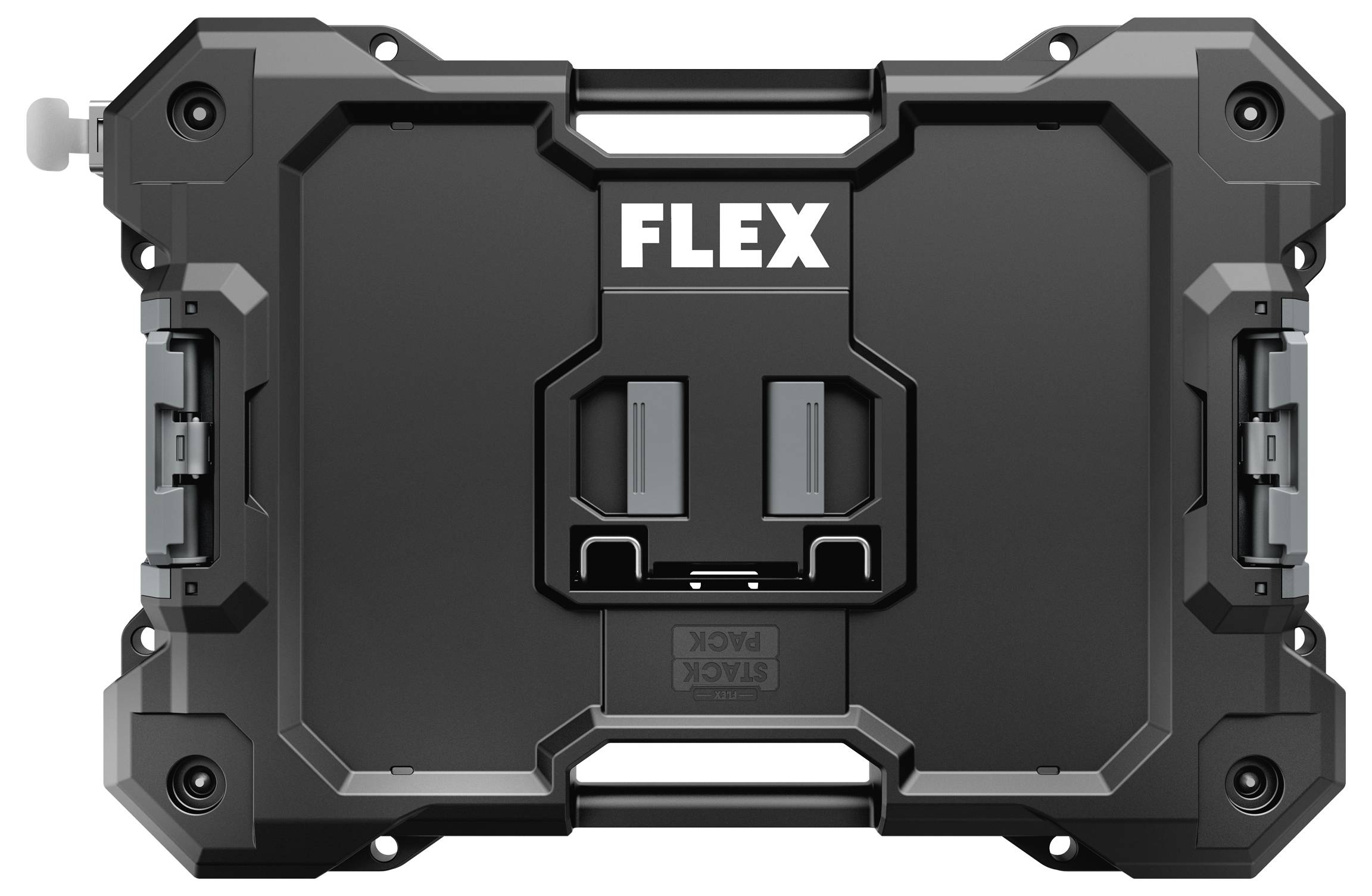 Schwarze FLEX-Elektrowerkzeug-Batterie von vorne betrachtet, mit zentralem Befestigungsschlitz und seitlichen Verschlüssen.