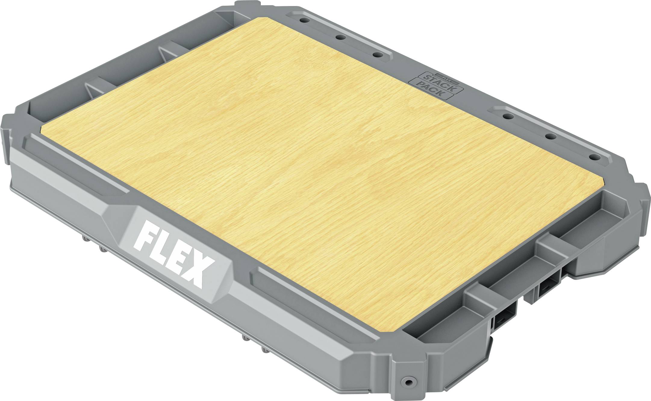 Grau-Tablett aus Kunststoff mit Holzmaserung-Oberseite, Markenname 'FLEX', isoliert auf weißem Hintergrund dargestellt.