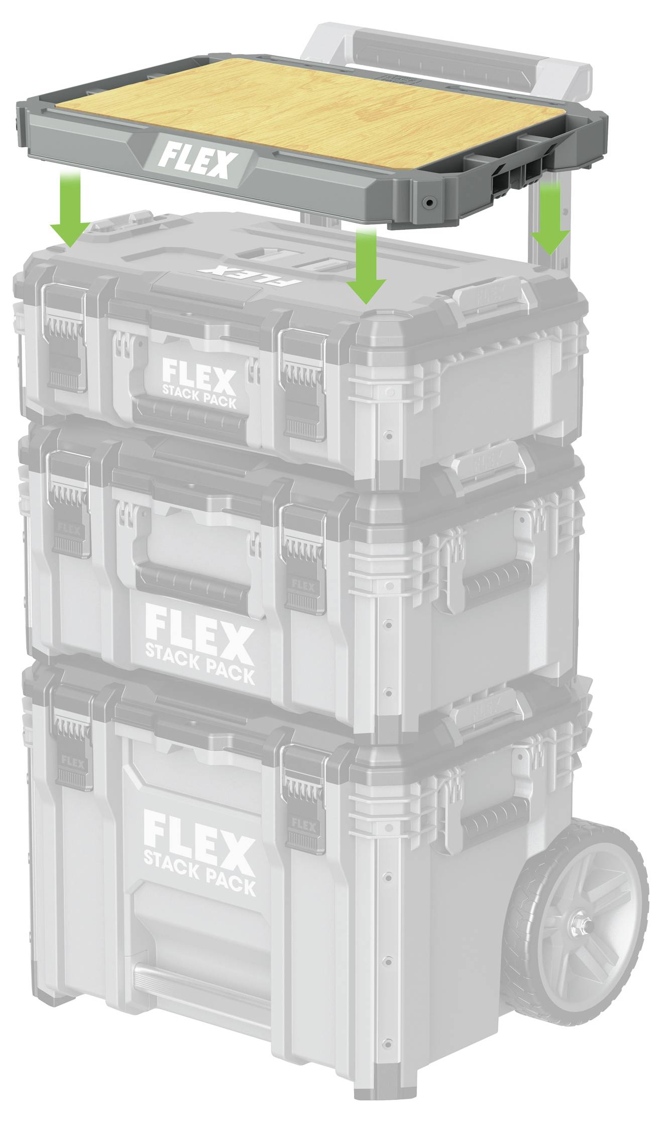 FLEX Werkzeugkofferverschluss oder Arbeitsfläche, die oben auf einem gestapelten FLEX Stack Pack Lagerwagen angebracht ist, mit Pfeilen, die die Platzierung anzeigen.