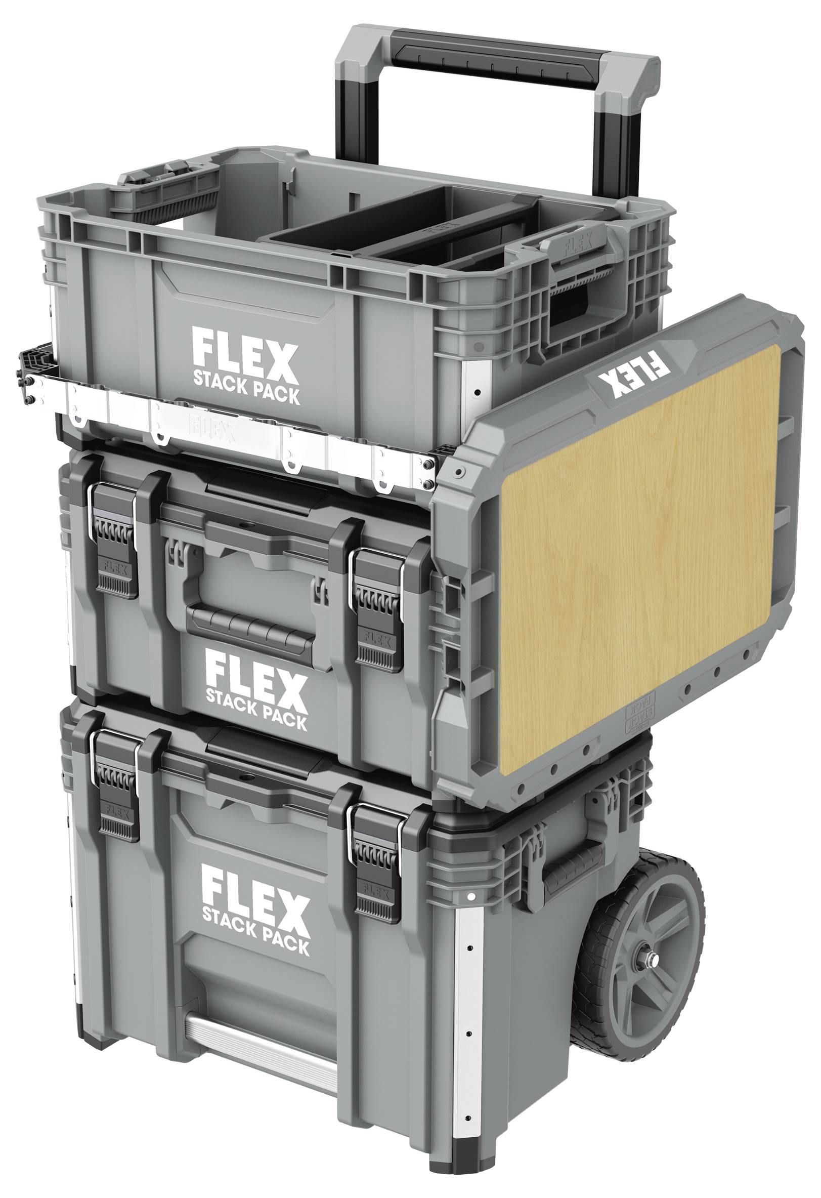 Gestapelte FLEX Stack Pack Werkzeugkästen mit fahrbarer Basis, Griff und Holzseitenpaneel, gezeigt als modulares tragbares Lagersystem.