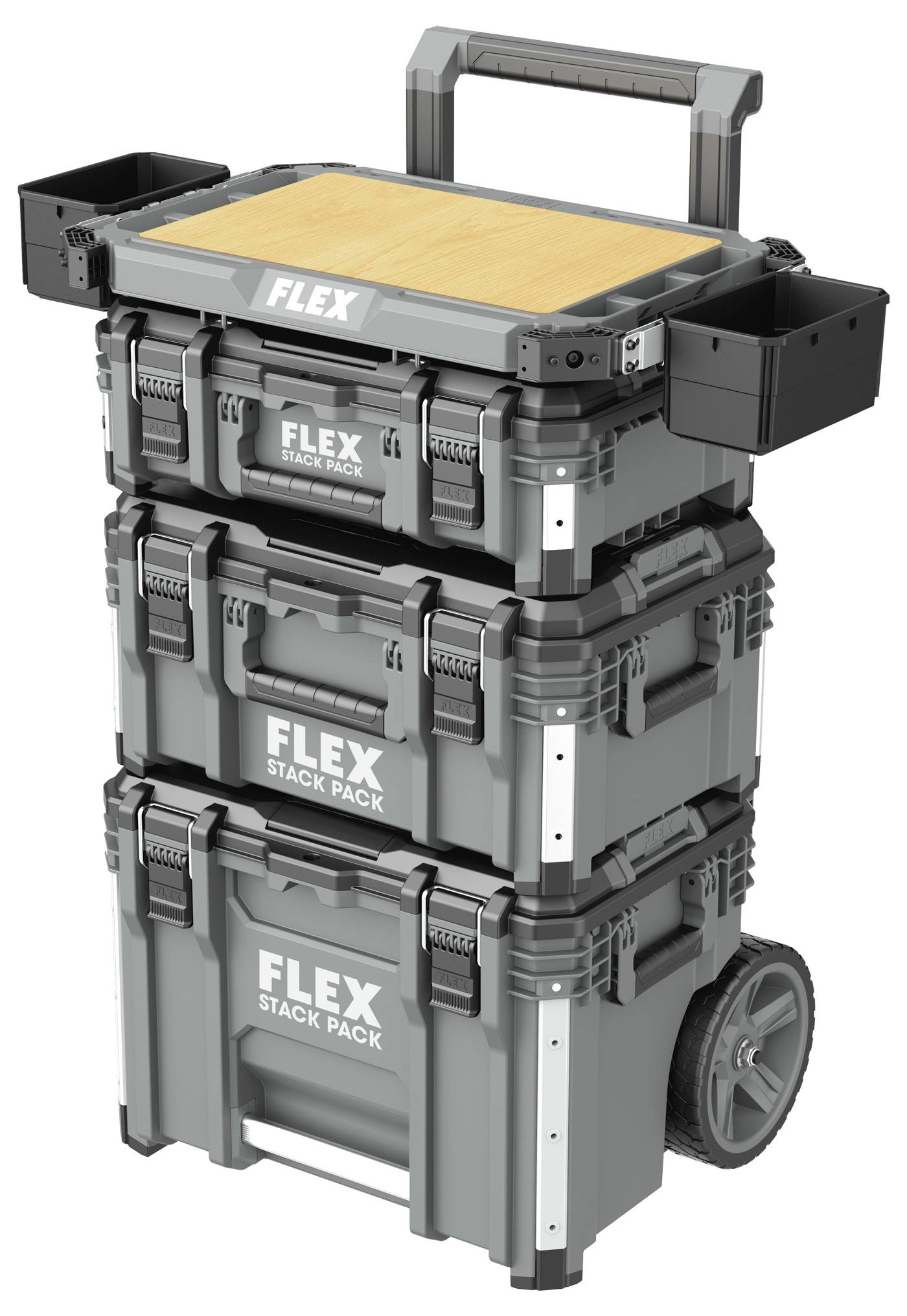 Stapelbarer FLEX Stack Pack Werkzeugwagen mit drei grauen Behältern, oberer Arbeitsfläche, Seitenfächern, Griff und Rädern.