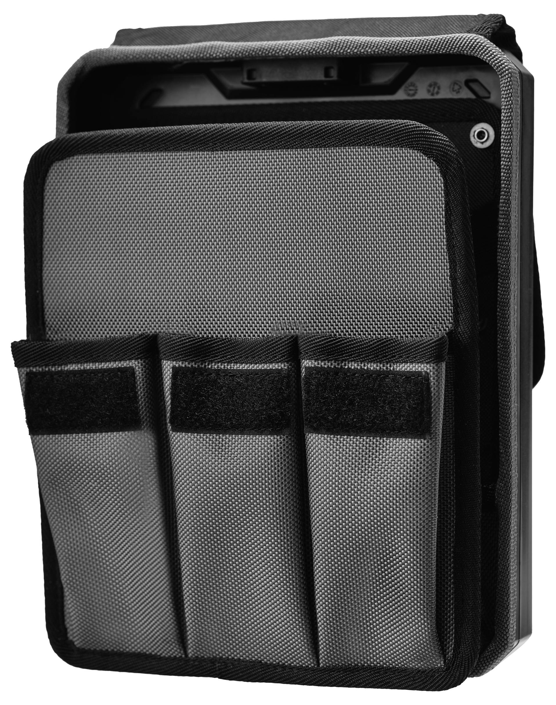 Schwarzer Stoff-Tablet- oder Dokumentenorganizer mit einer vorderen Tasche, die drei schlanke Fächer enthält