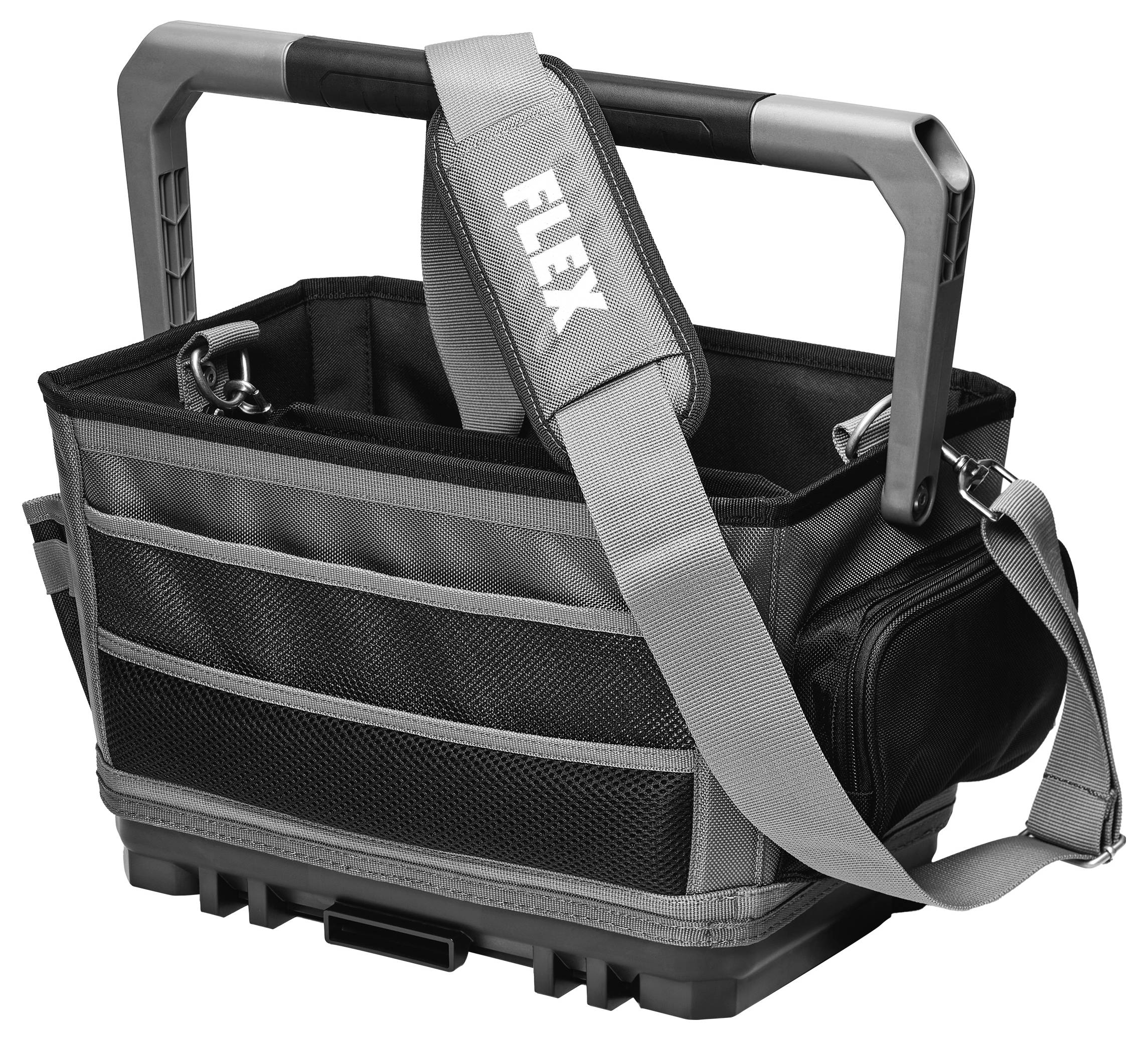 Schwarz-grau FLEX Werkzeugtasche mit hartem Kunststoffgriff, Schultergurt, mehreren Taschen und offener Oberseite auf weißem Hintergrund.