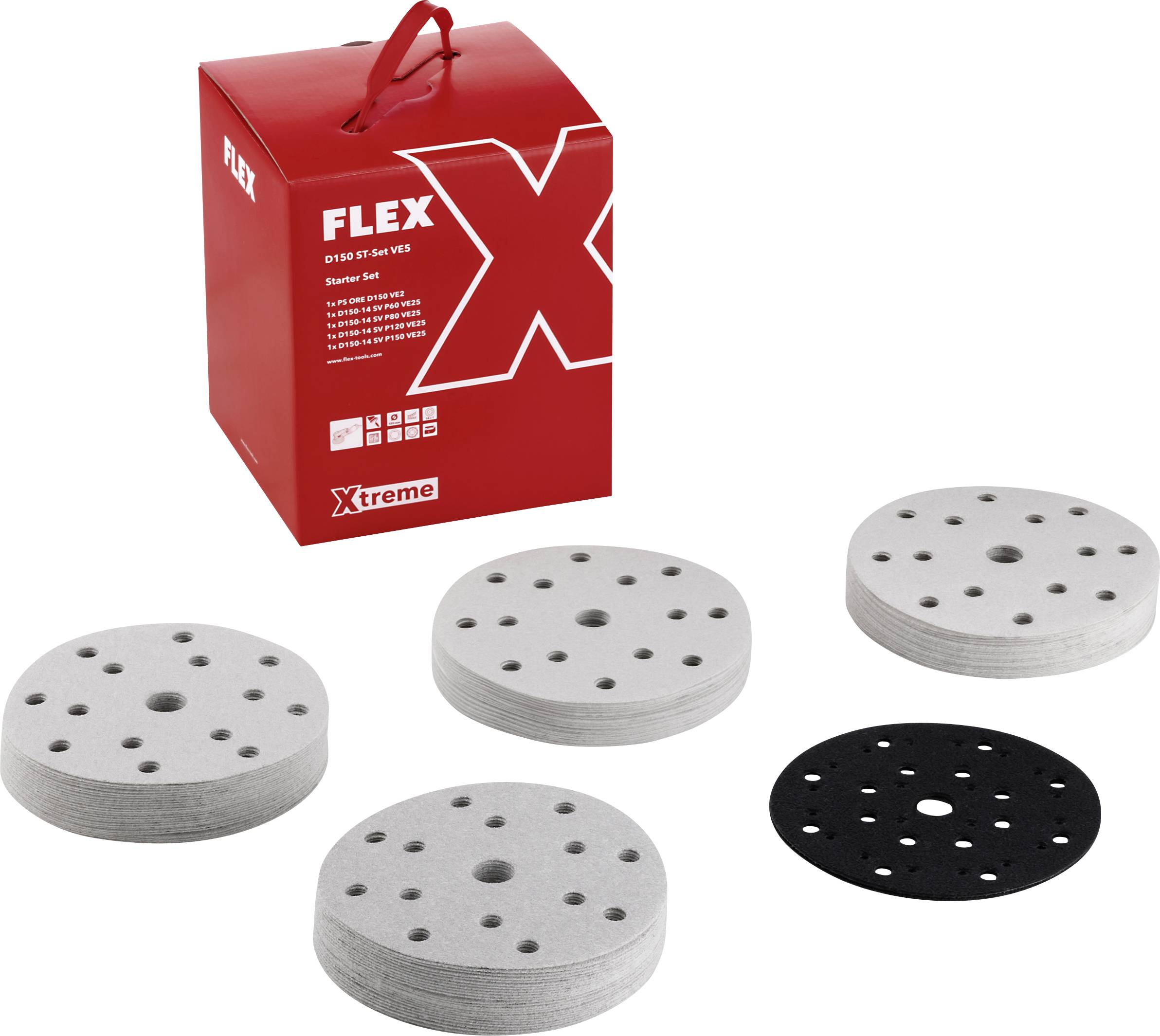 Red FLEX Xtreme starter set box with four round sanding discs and one black backing pad displayed on a white background.