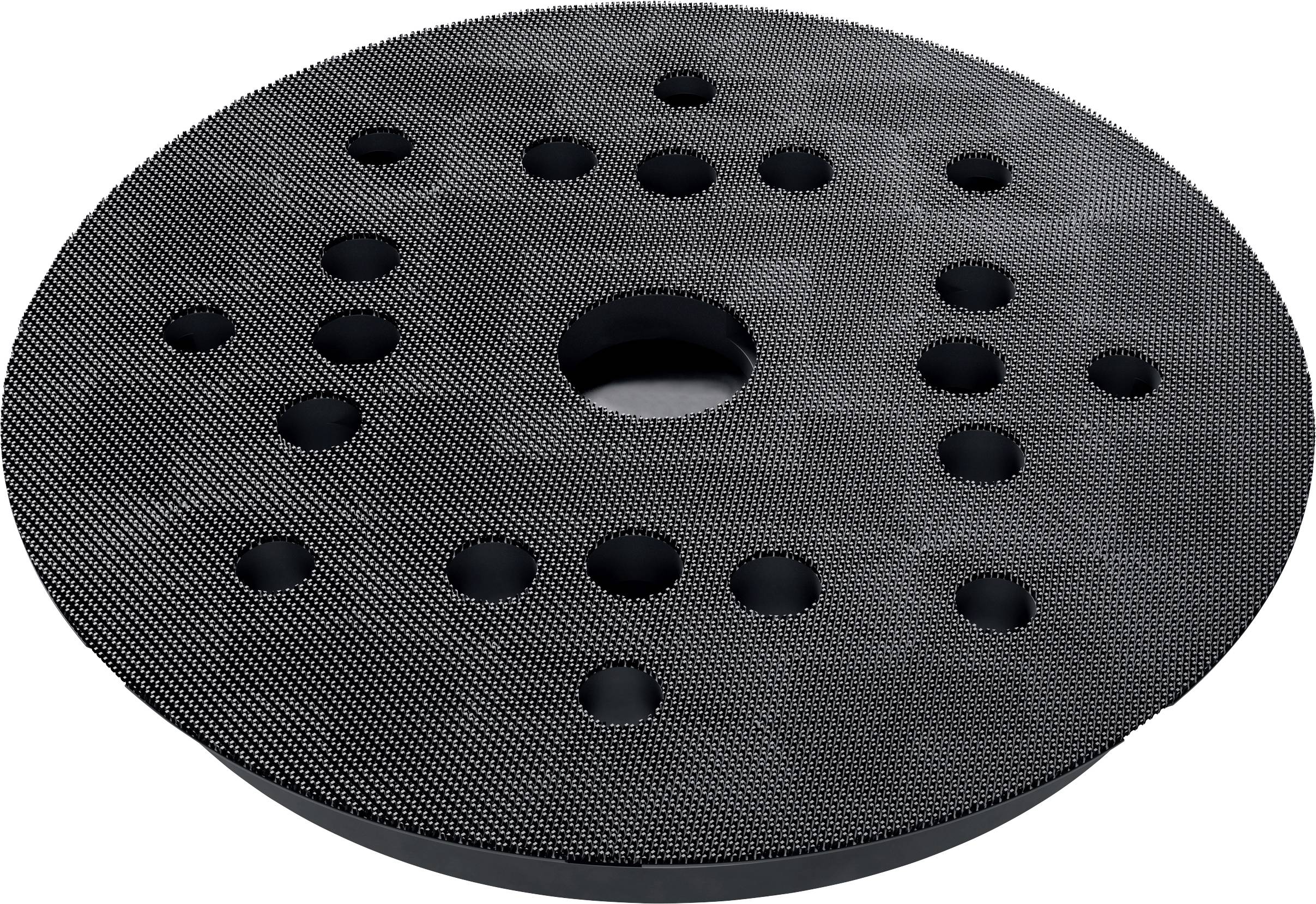 Rundes schwarzes strukturiertes Schleifpad mit einem Mittelloch und mehreren gleichmäßig verteilten runden Löchern rundherum.