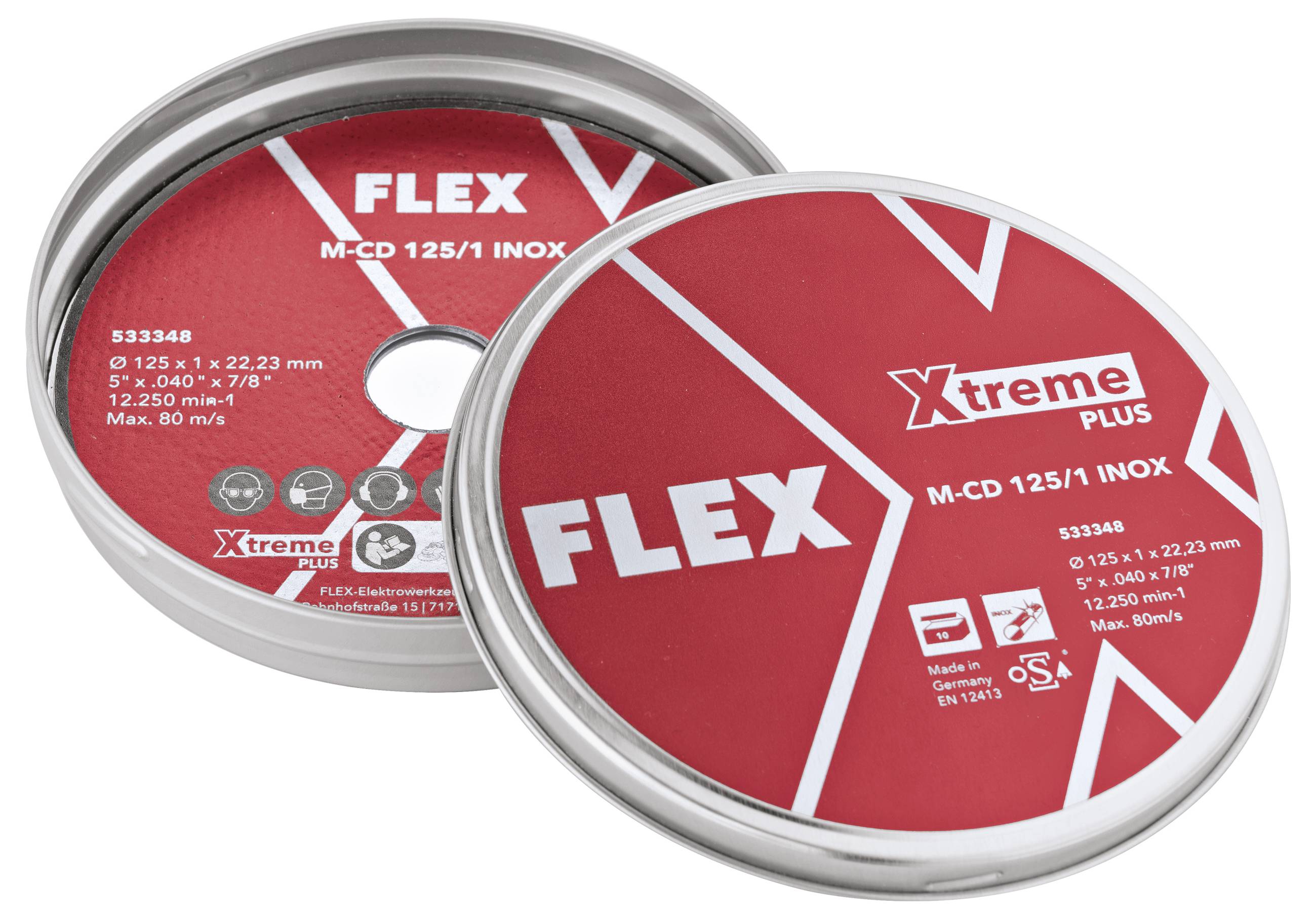 Zwei rote FLEX Xtreme Plus M-CD 125/1 INOX Metalltrennscheiben mit silbernen Rändern, überlappt auf weißem Hintergrund dargestellt.