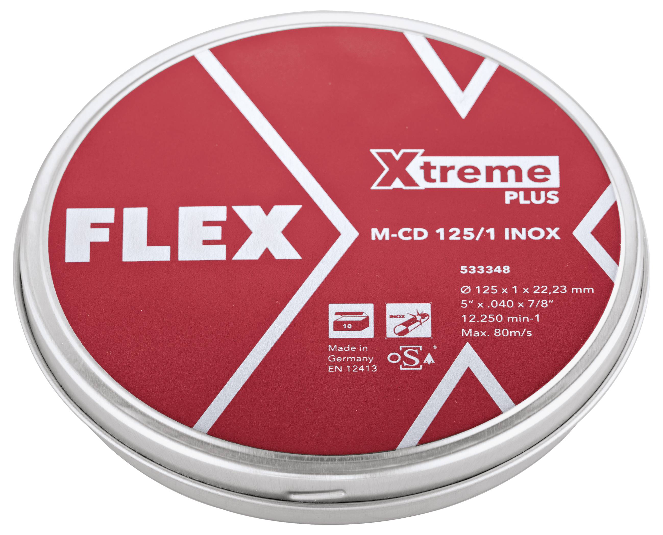 Rotes, kreisförmiges Schleifscheiben-Paket mit der Bezeichnung „FLEX Xtreme Plus M-CD 125/1 INOX