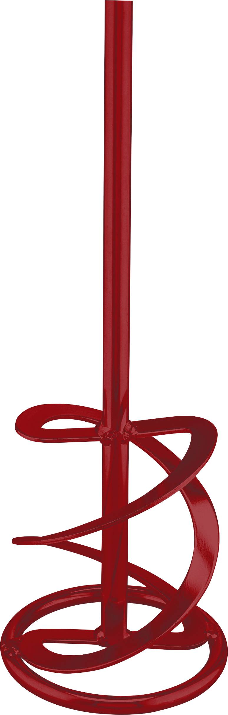 Roter Drahtschneebesen mit vertaler Mittelachse und schleifenförmigen Spiraldrähten, die einen ballonähnlichen Mischkopf bilden.
