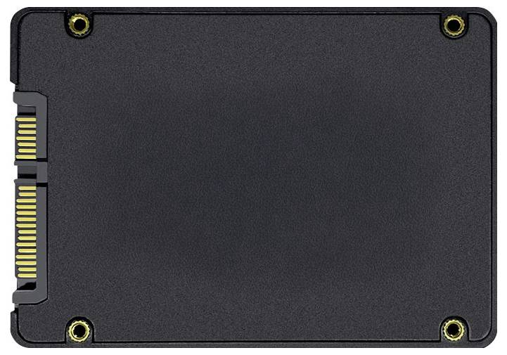 Schwarzes Solid-State-Laufwerk mit sichtbaren vergoldeten Steckkontakten auf der linken Seite und Befestigungslöchern an den Ecken, dargestellt auf einem einfachen Hintergrund.