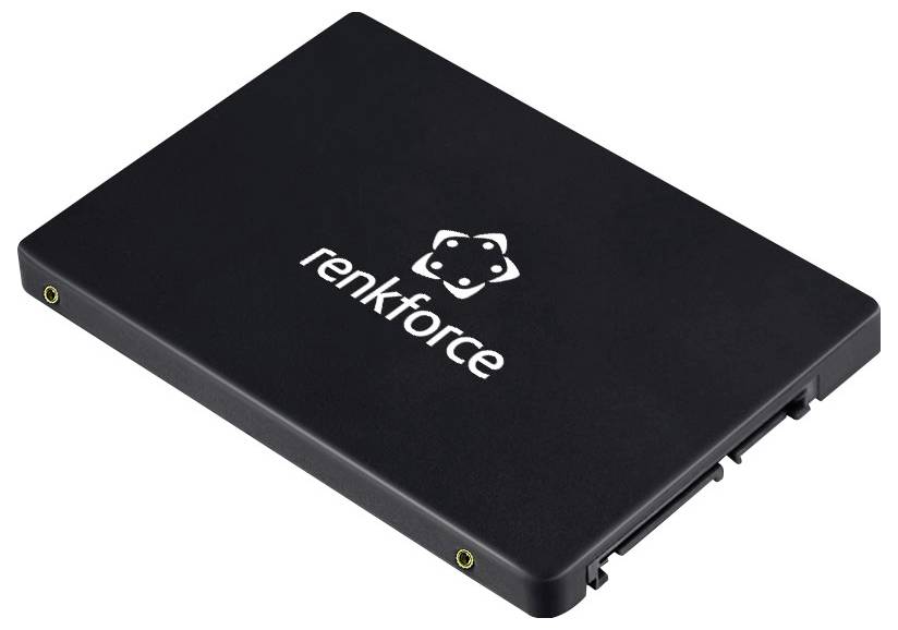 Schwarzes Renkforce externes Festplattengehäuse mit weißem Logo, dargestellt in einer angewinkelten Produktansicht auf einem einfachen weißen Hintergrund.