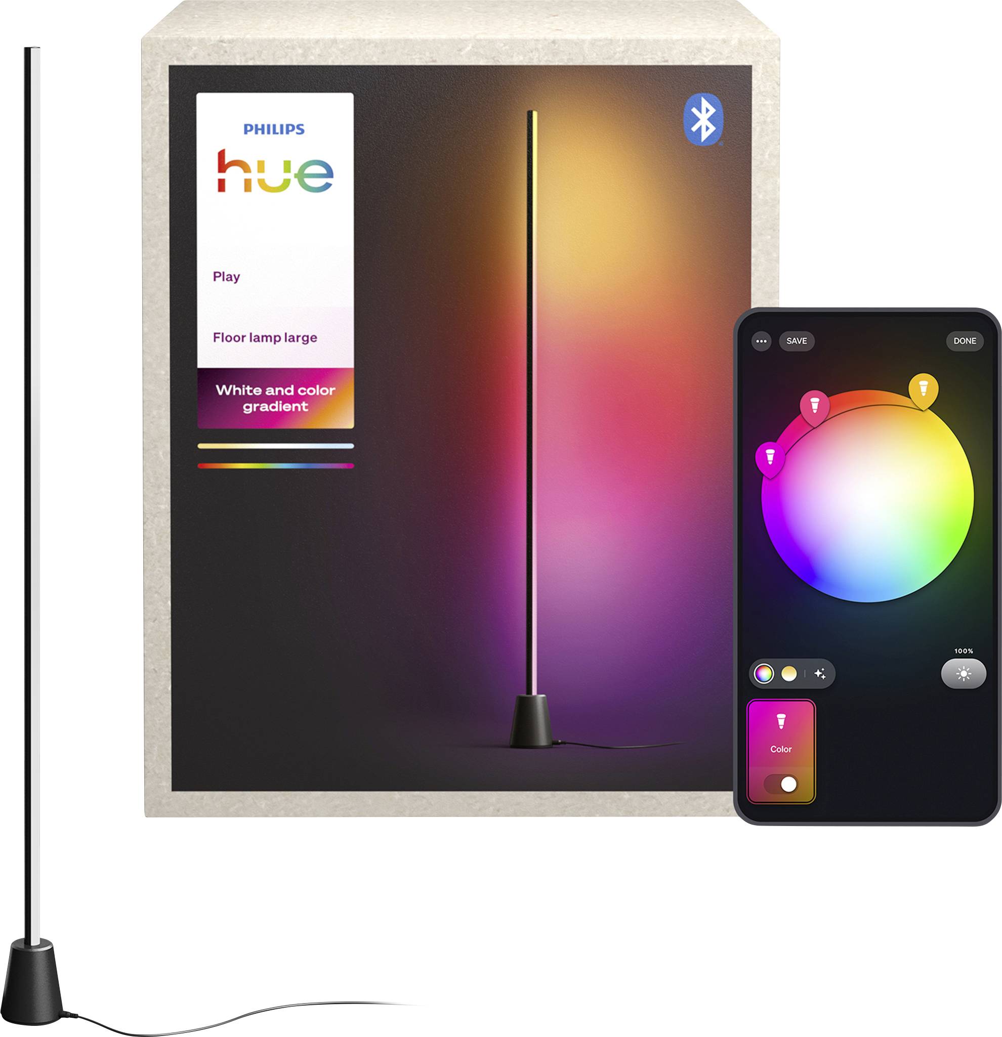 Philips Hue Play Stehlampen-Display mit Bluetooth-App, das ein Farbrad und Steuerelemente für Weiß-zu-Farb-Farbverlauf-Beleuchtung zeigt.