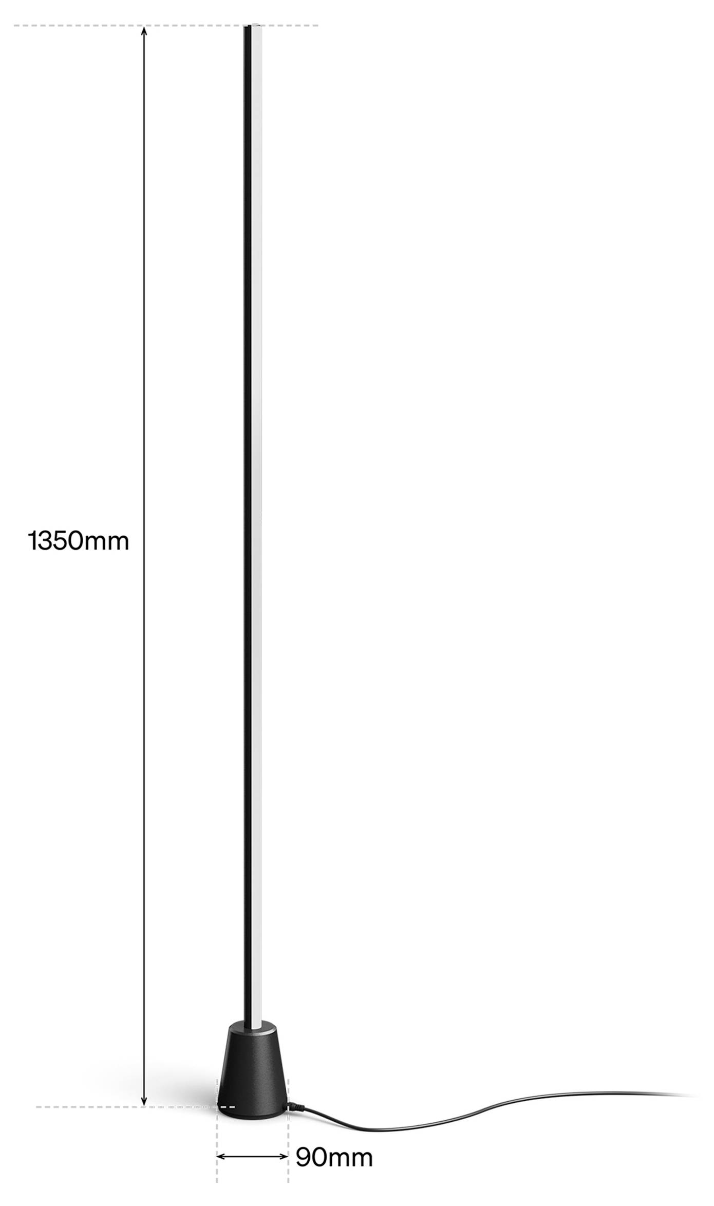 Hohe schwarze Stehleuchte mit schlankem vertikalen Schaft und konischer Basis, dargestellt mit den Abmessungen 1350 mm Höhe und 90 mm Breite.