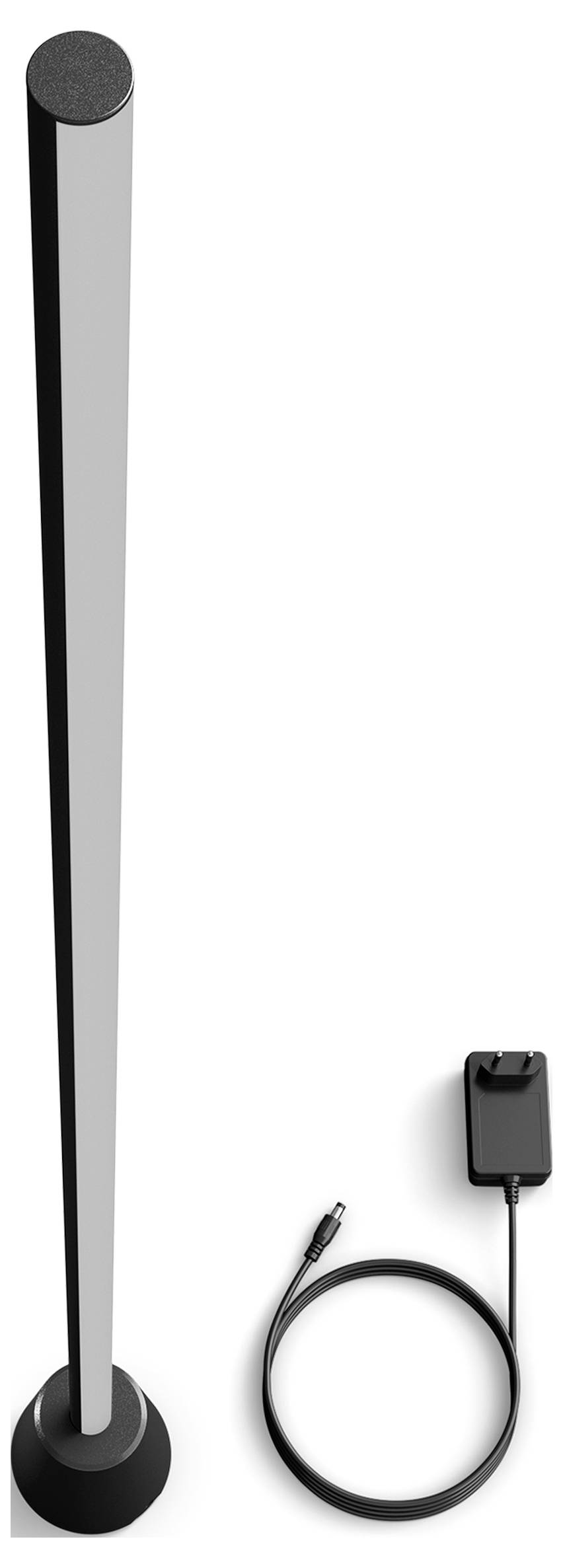 Schlanke silberne Stehlampe mit rundem schwarzem Fuß und Kopf, dargestellt neben einem schwarzen Stromadapter und aufgewickeltem Kabel auf weißem Hintergrund.