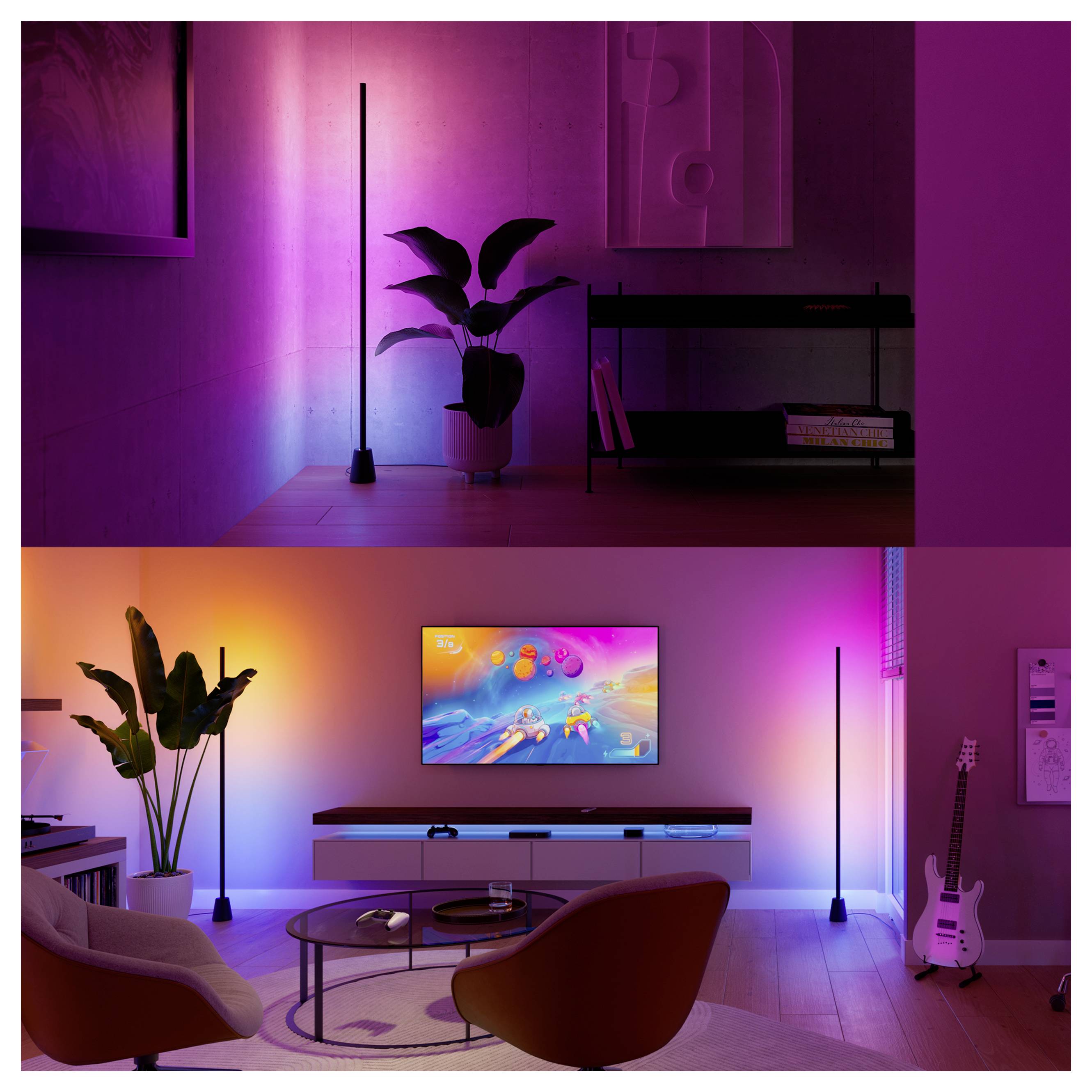 Ein minimalistisches Zimmer mit rosa-violetter Stimmungsbeleuchtung, Stehlampen, Topfpflanzen, einem niedrigen Tisch und einem an der Wand montierten Fernseher, der eine farbenfrohe Spielszene anzeigt.