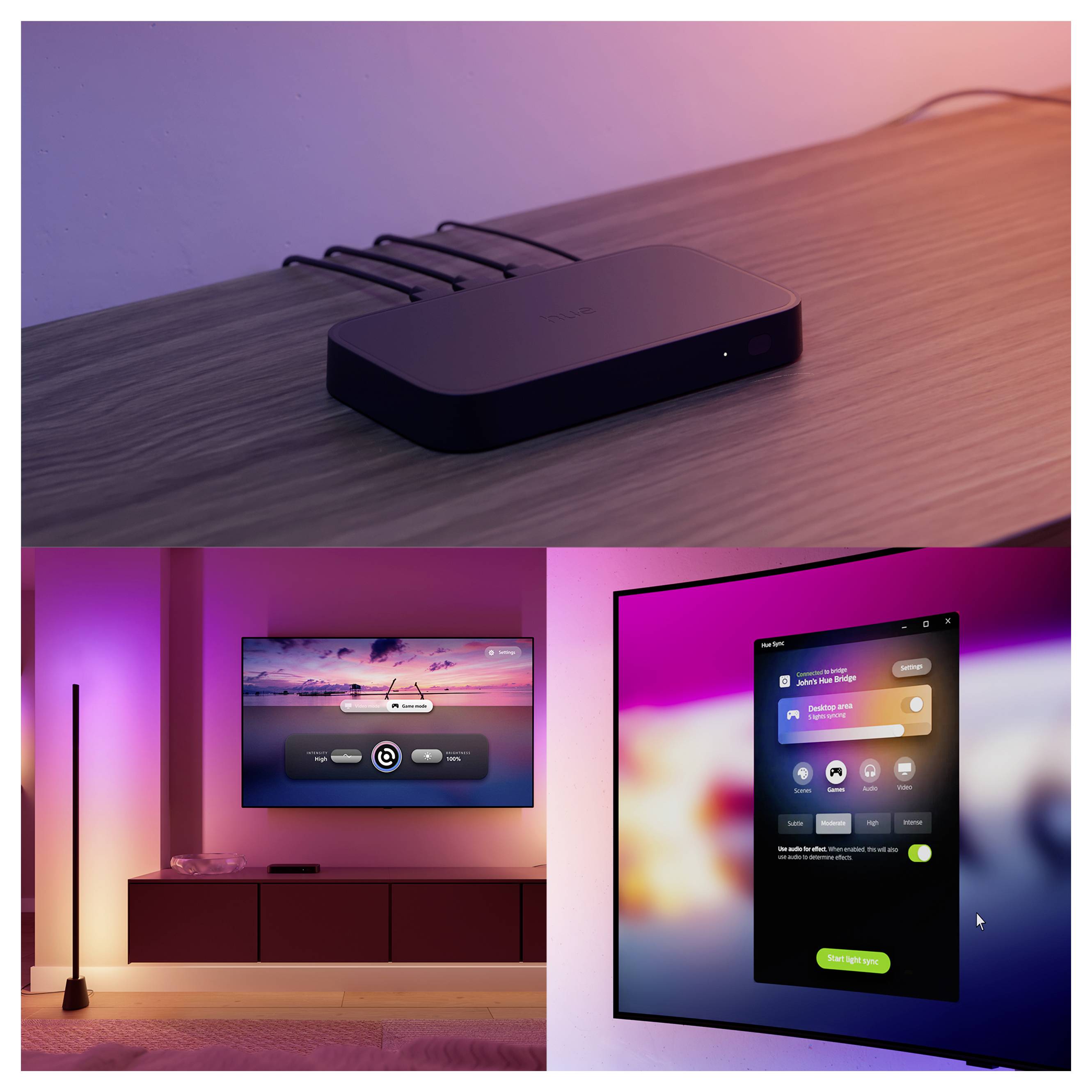 Eine Philips Hue intelligente Glühbirne, die rosa auf schwarzem Hintergrund leuchtet.