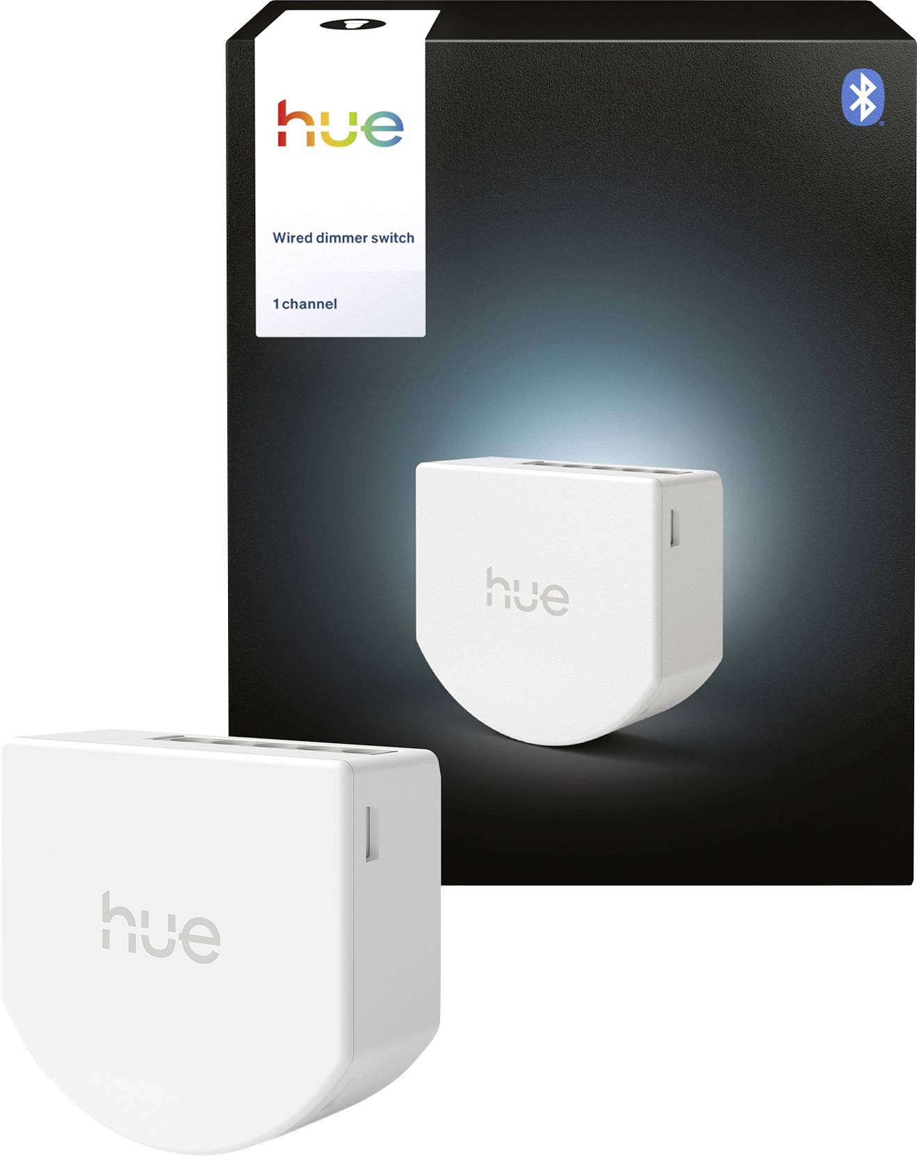 Philips Hue Kabelgebundener Dimmerschalter-Paket und zwei weiße Schaltereinheiten, eine auf der Verpackung mit Bluetooth-Logo und Etikett „1 Kanal