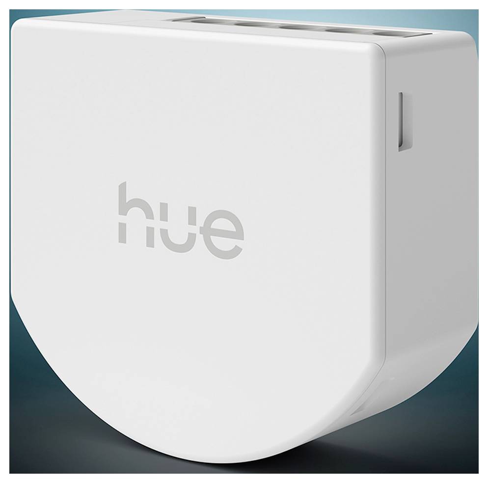 Weißes Philips Hue Smart-Lighting-Bridge-Gerät in Nahaufnahme auf blaugrünem Hintergrund.