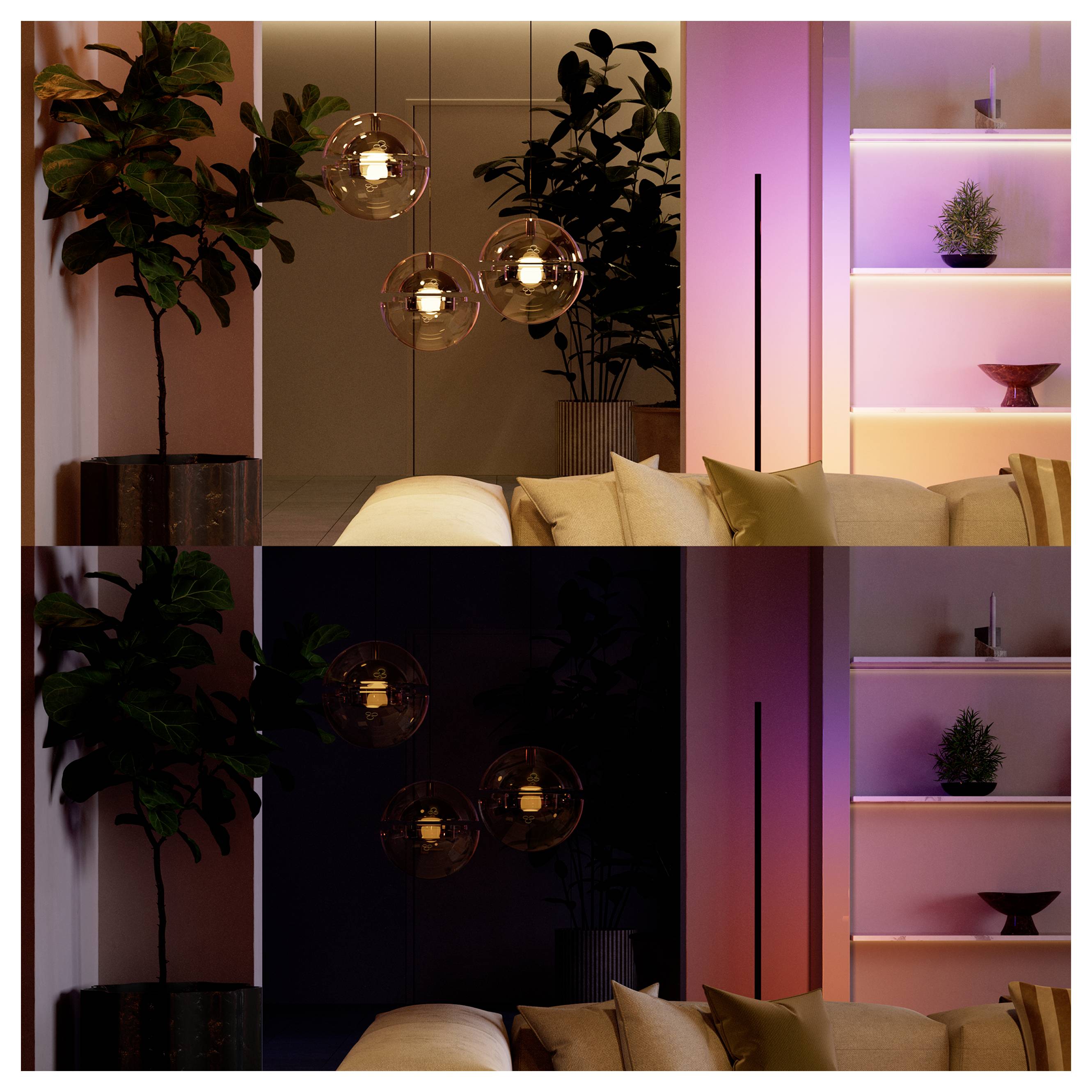 Zweiteiliger Vergleich eines modernen Wohnzimmers: oben hell und warm beleuchtet, unten dunkel und stimmungsvoll, zeigt Beleuchtungsveränderungen auf Pflanzen, Pendelleuchten, Sofa und rosa beleuchteten Regalen.