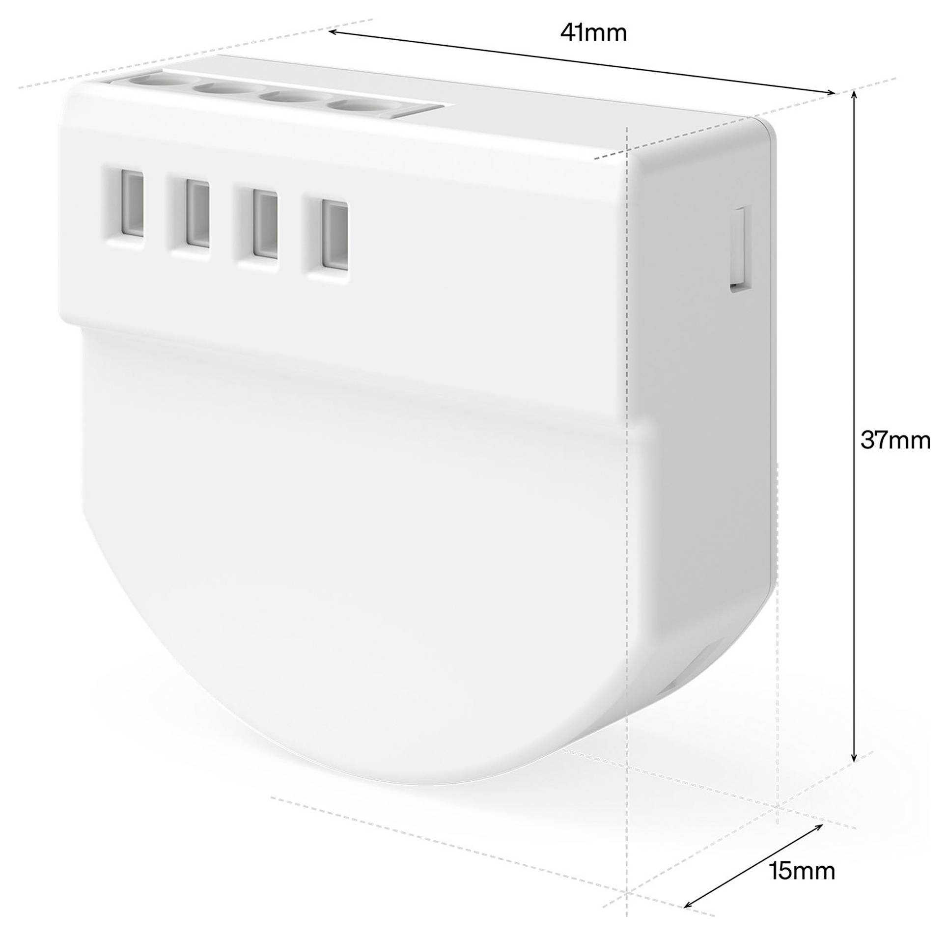 Weißes kompaktes rechteckiges Gerät, das in 3D dargestellt ist, mit beschrifteten Abmessungen von 41 mm Breite, 37 mm Höhe und 15 mm Tiefe; die Vorderseite hat vier Schlitze.