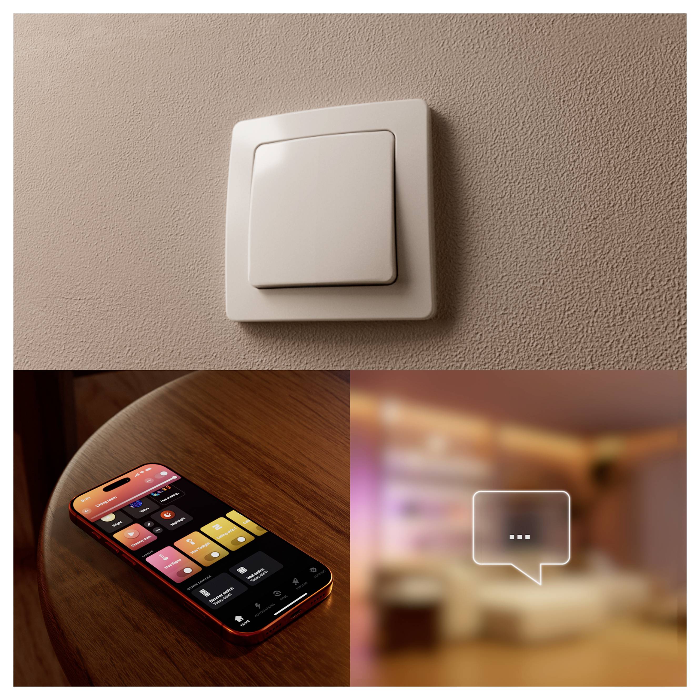 Intelligenter Lichtschalter und eine Smartphone-Home-Control-App mit einem Chat-Blasen-Symbol, das auf Fernlicht- oder Hausautomationssteuerung hindeutet.