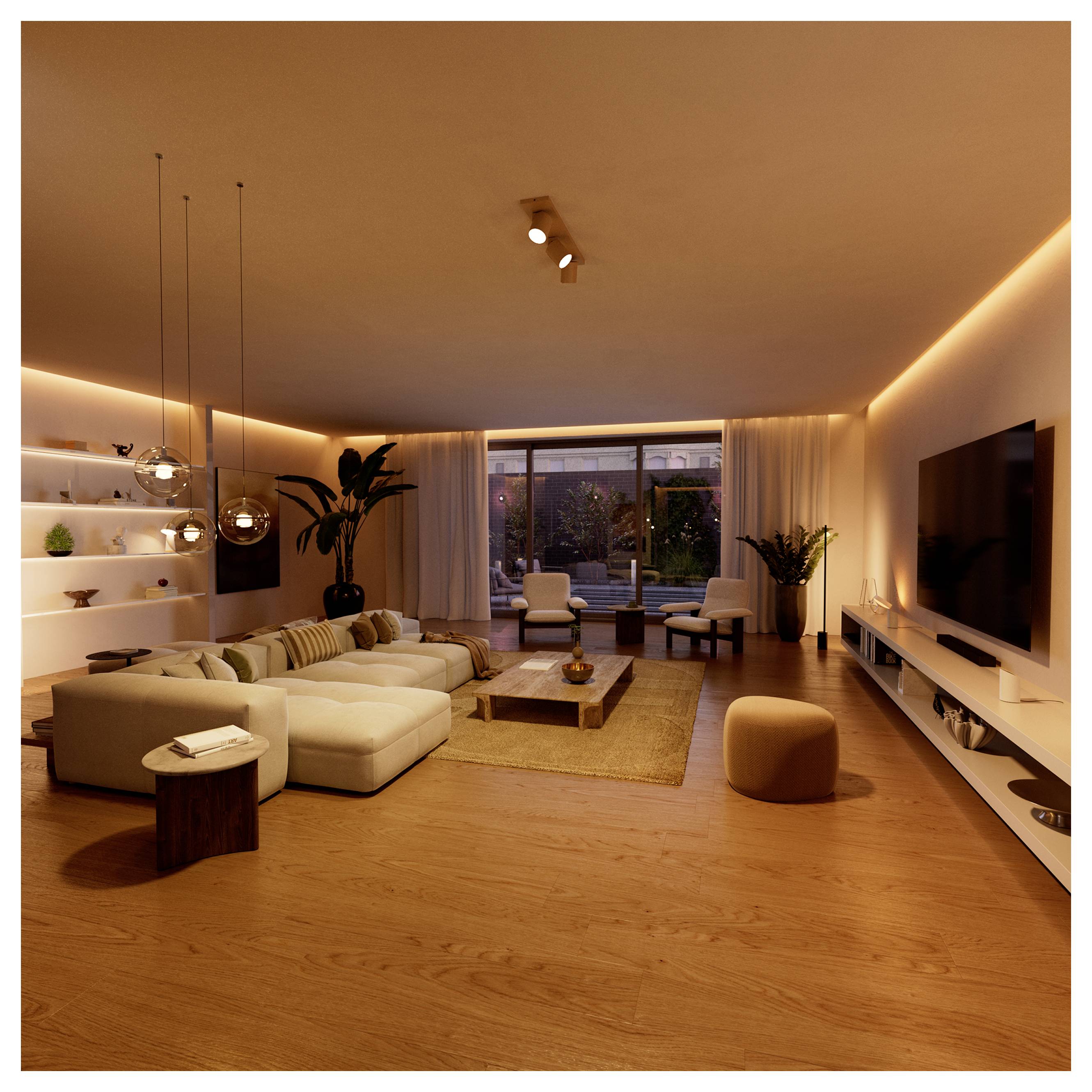 Modernes Wohnzimmer mit Ecksofa, Couchtisch, großem Wandfernseher, raumhohem Fenster und warmer Umgebungsbeleuchtung.