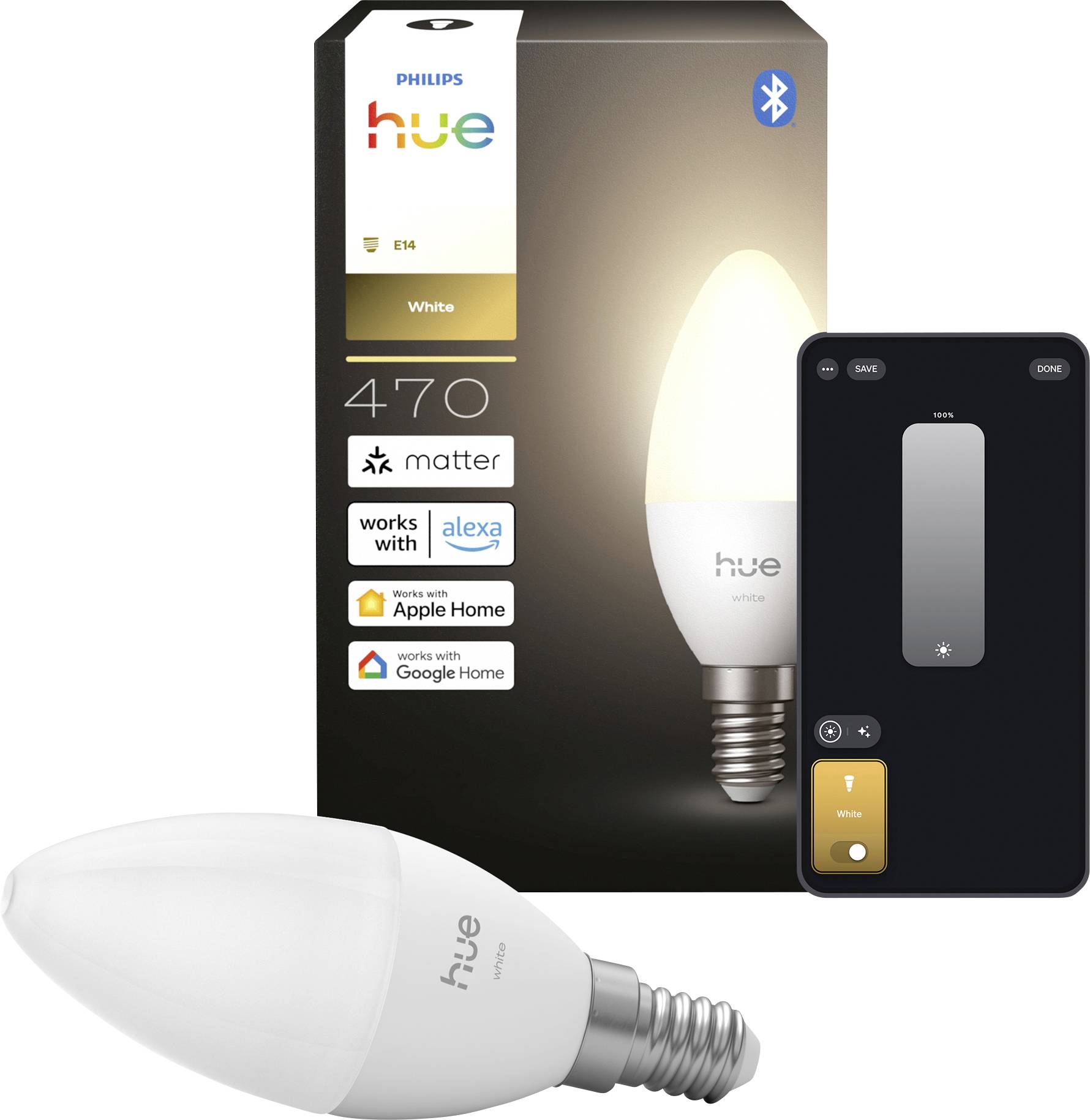 Philips Hue White E14 Smart-Birne mit Verpackung, einer Birne, Bluetooth-Logo und App-Steuerbildschirm mit Helligkeits- und Weißlicht-Einstellungen.