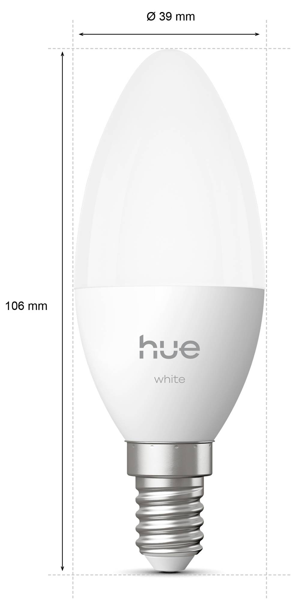 Weiße Glühbirne, 106 mm hoch und 39 mm breit, mit Standardgewinde-Fassung.