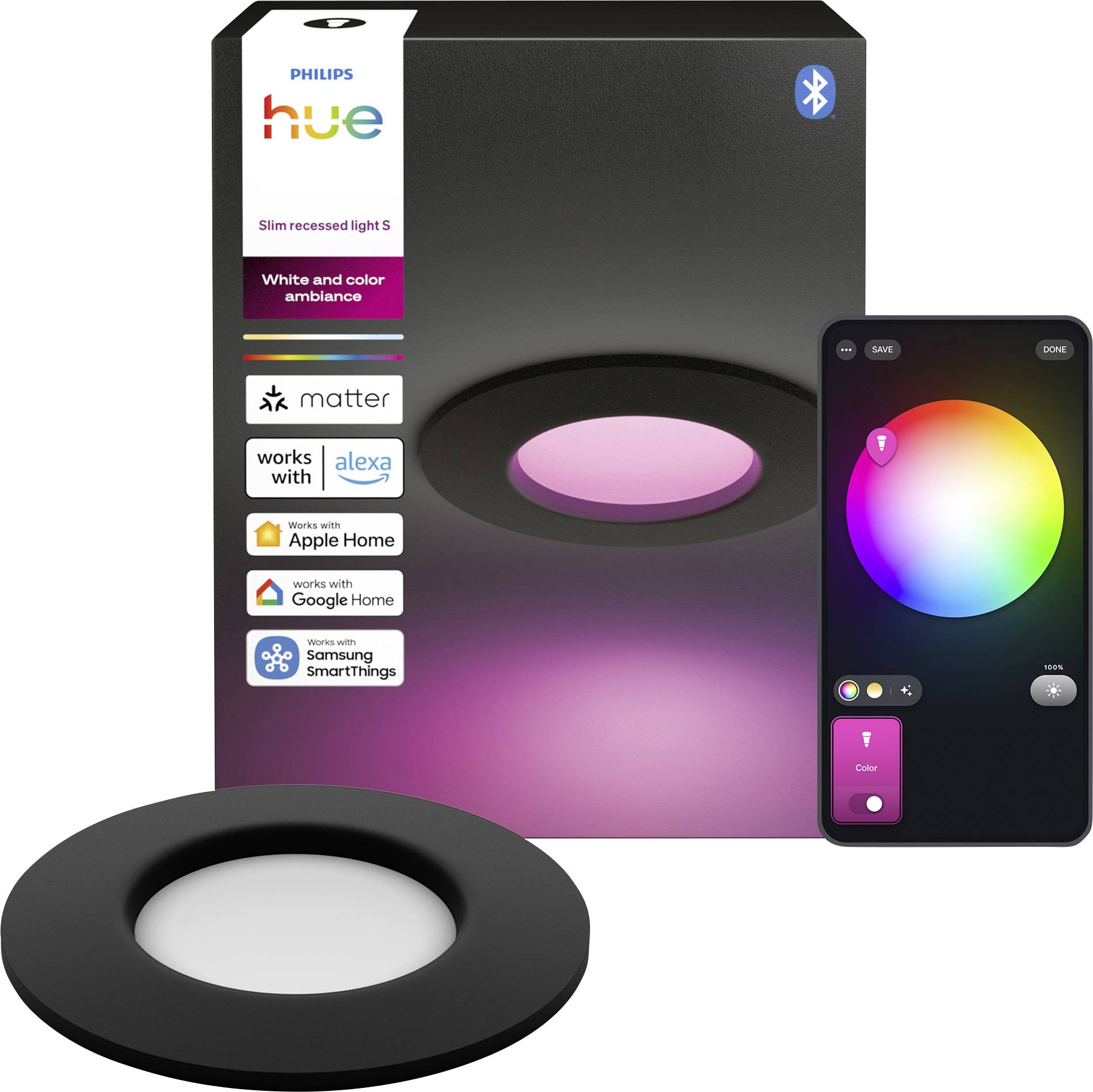 Philips Hue Slim Recessed Light S Verpackung mit schwarzem Einbau-Deckenleuchte, Bluetooth-Symbol, Smart-Home-Logos und App mit Farbrad-Steuerung.