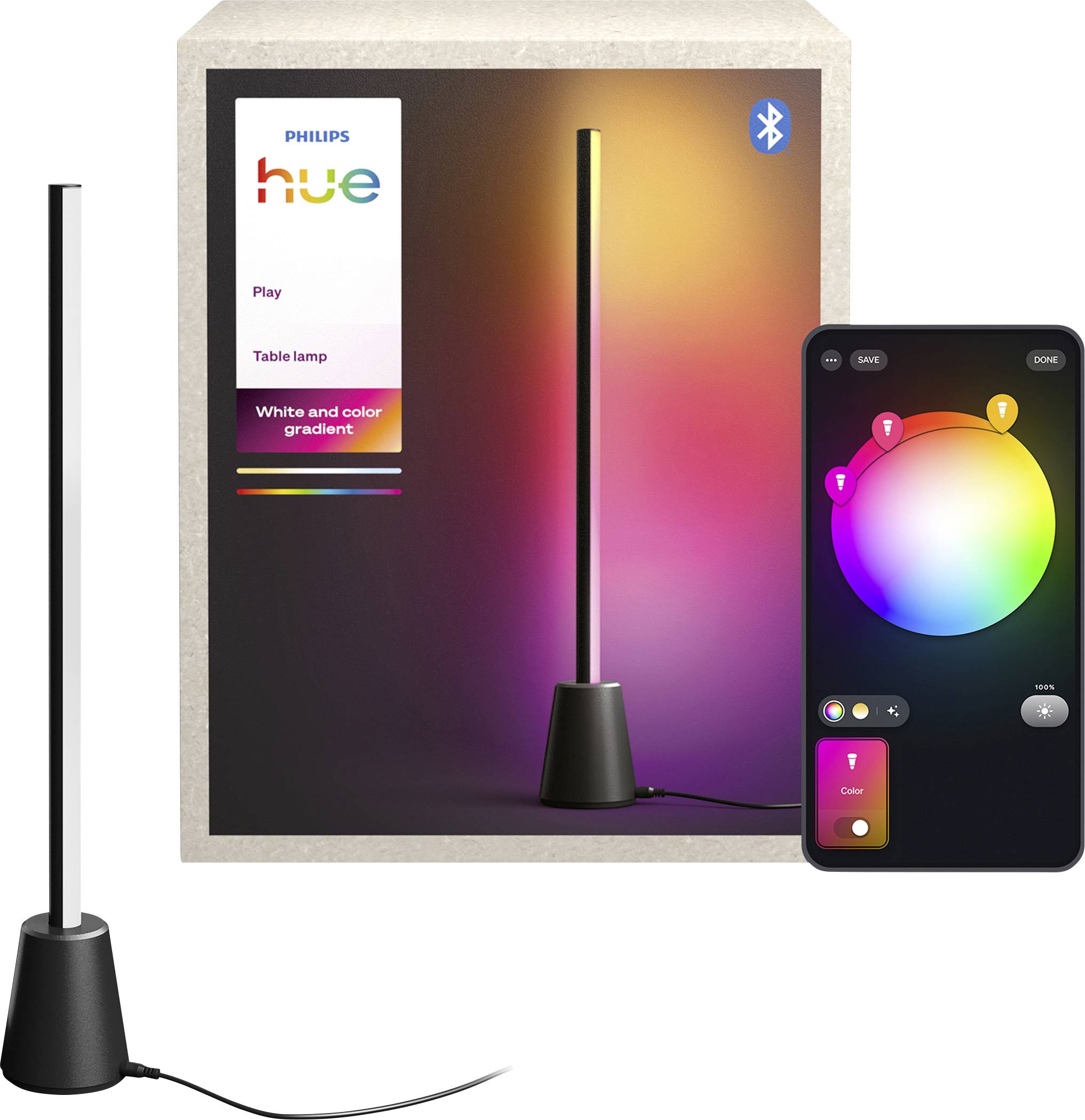 Philips Hue Play Tischleuchte mit Farb- und Verlaufsbeleuchtung, dargestellt mit Bluetooth-App-Farbsteuerungsbildschirm auf einem Telefon.