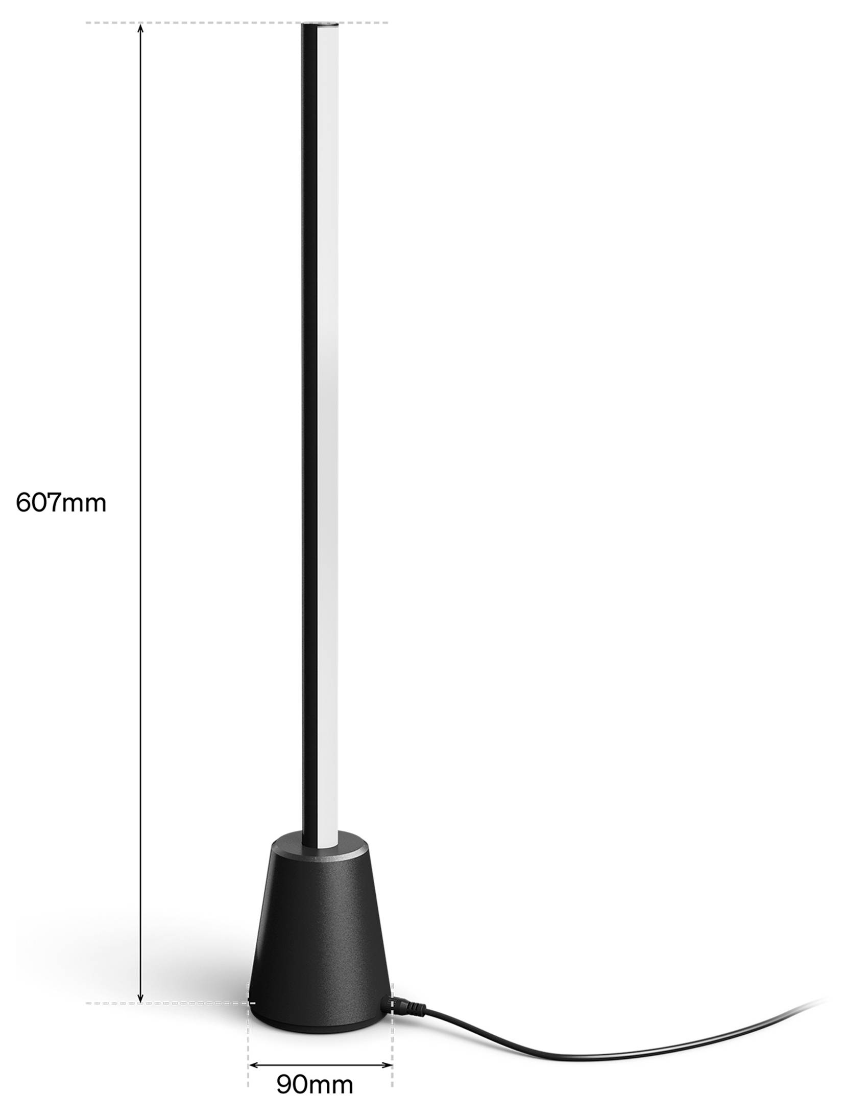 Schwarze zylindrische Stehleuchte mit den Abmessungen: 607 mm Höhe und 90 mm Sockelbreite, mit Stromkabel, das sich nach rechts erstreckt.