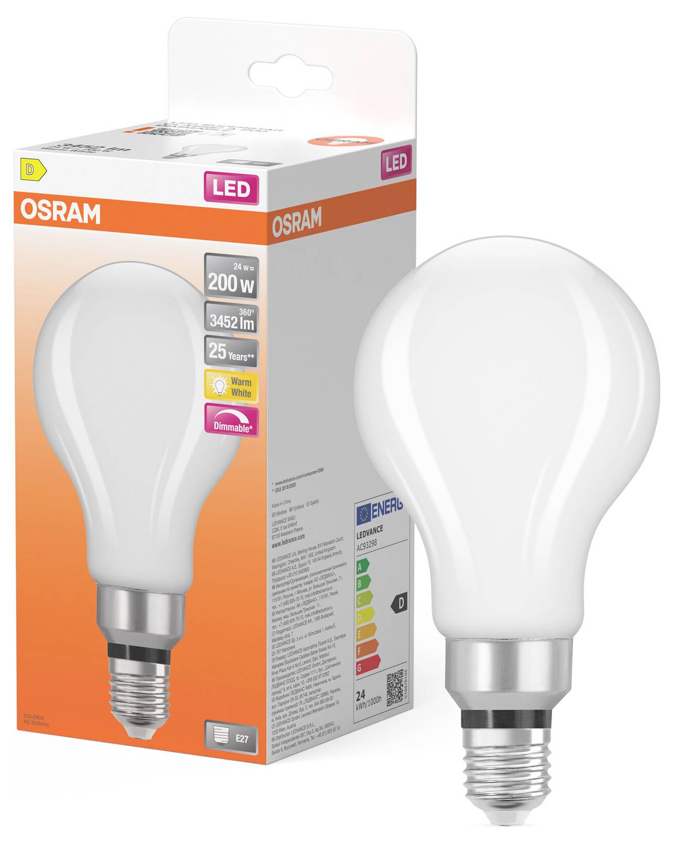 OSRAM LED-Glühbirne in Verpackung und Birne gezeigt, beschriftet mit „200 W