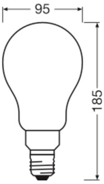 Outline-Zeichnung einer Glühbirne mit beschrifteten Abmessungen 95 breit und 185 hoch.