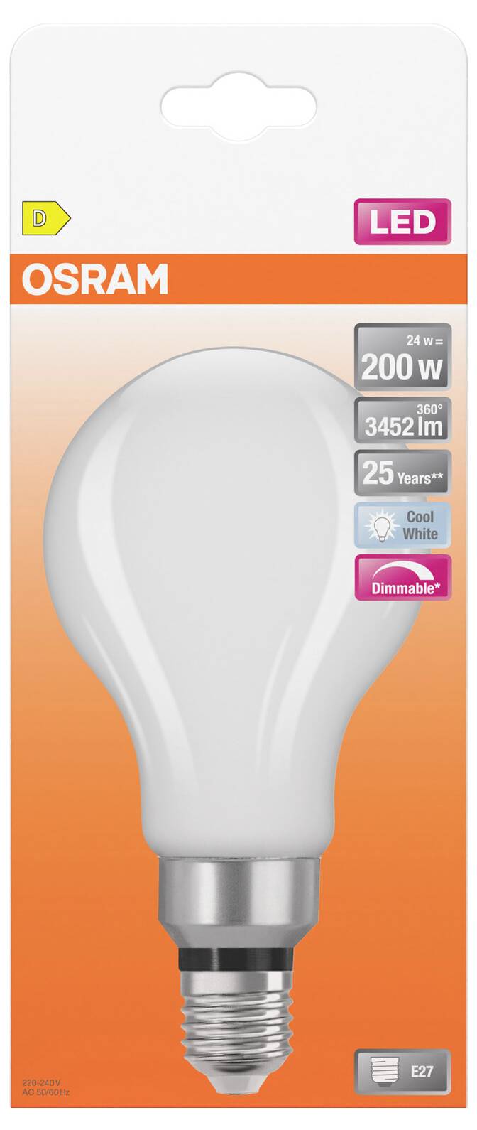 Verpackung für eine OSRAM LED-Glühbirne mit Energieeffizienzklasse 'D', 200W Äquivalent, 3452 lm, 25 Jahre, Kaltweiß, dimmbar, E27-Sockel.