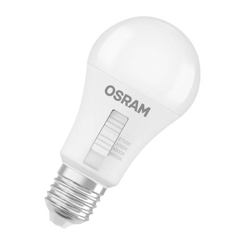 Weiße OSRAM LED-Glühbirne mit verstellbarem Farbtemperaturschalter und Gewindesockel auf neutralem Hintergrund.