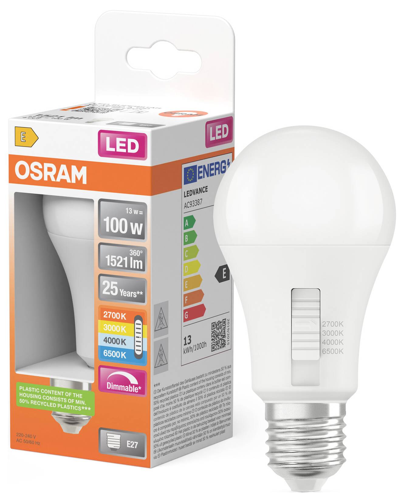 OSRAM LED-Glühbirne mit Dimmfunktion in E27-Fassung, dargestellt mit Energieeffizienzklasse und Farbtemperaturbereich-Kennzeichnungen.