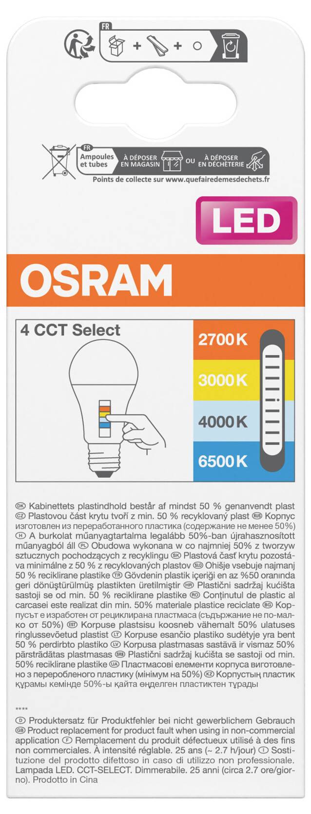 OSRAM 4 CCT Select LED-Glühbirne mit Farbtemperaturoptionen 2700K, 3000K, 4000K und 6500K.