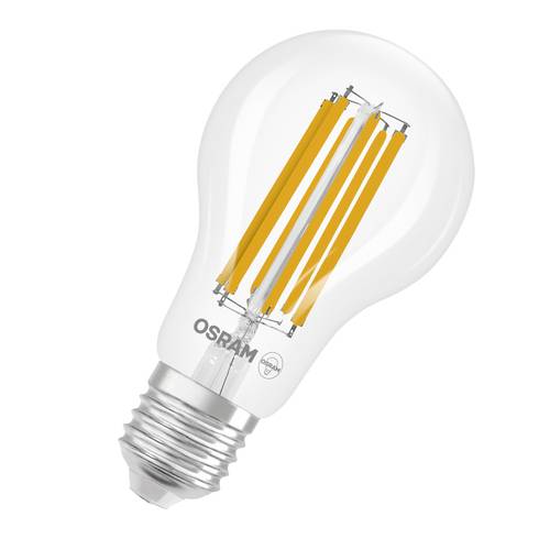 Klare LED-Glühbirne mit sichtbaren orangefarbenen Filamenten und OSRAM-Branding auf weißem Hintergrund.