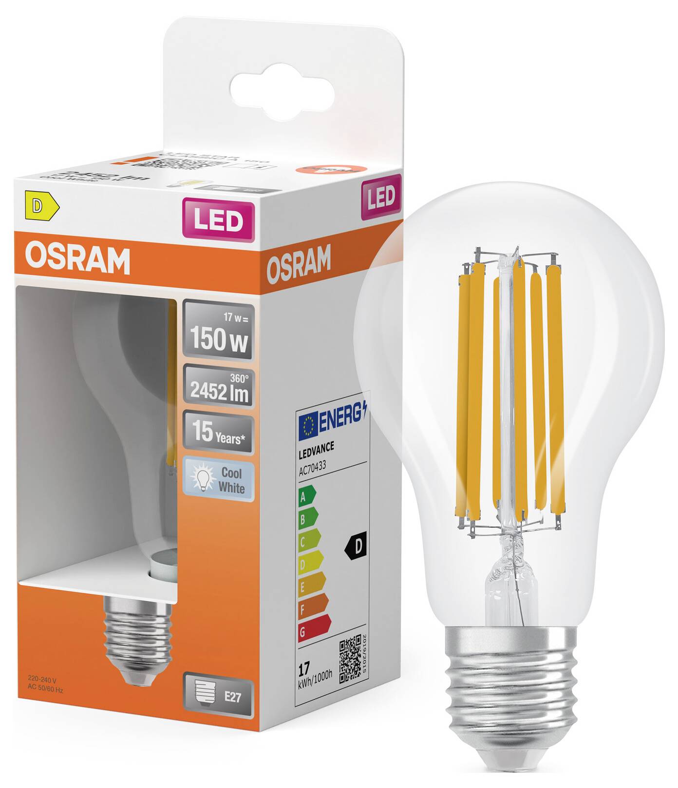 OSRAM LED-Glühbirne in der Verpackung, mit Bezeichnung 150W-Äquivalent, 2452 lm, kaltweiss, E27-Sockel, mit sichtbarem Energieeffizienzlabel.